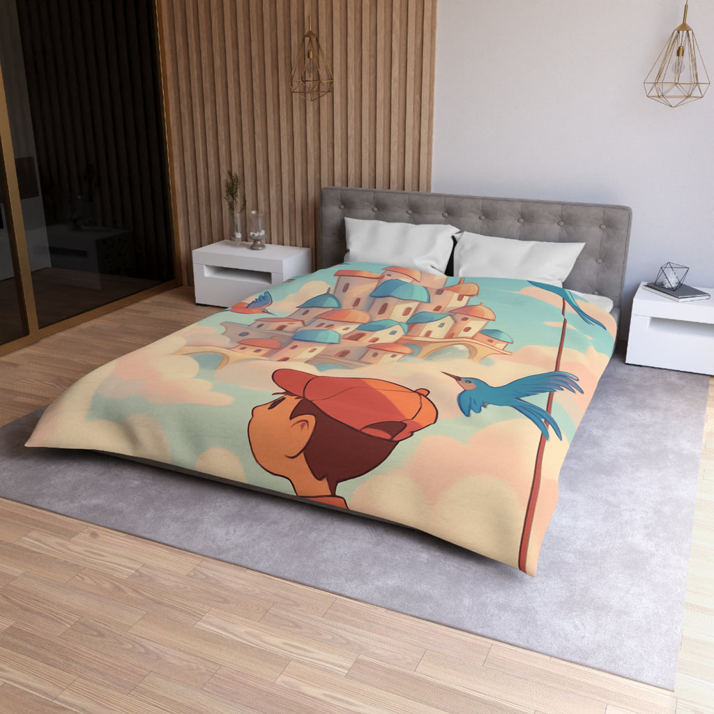 Housse de couette rêveuse avec enfant explorant un château céleste parmi les nuages