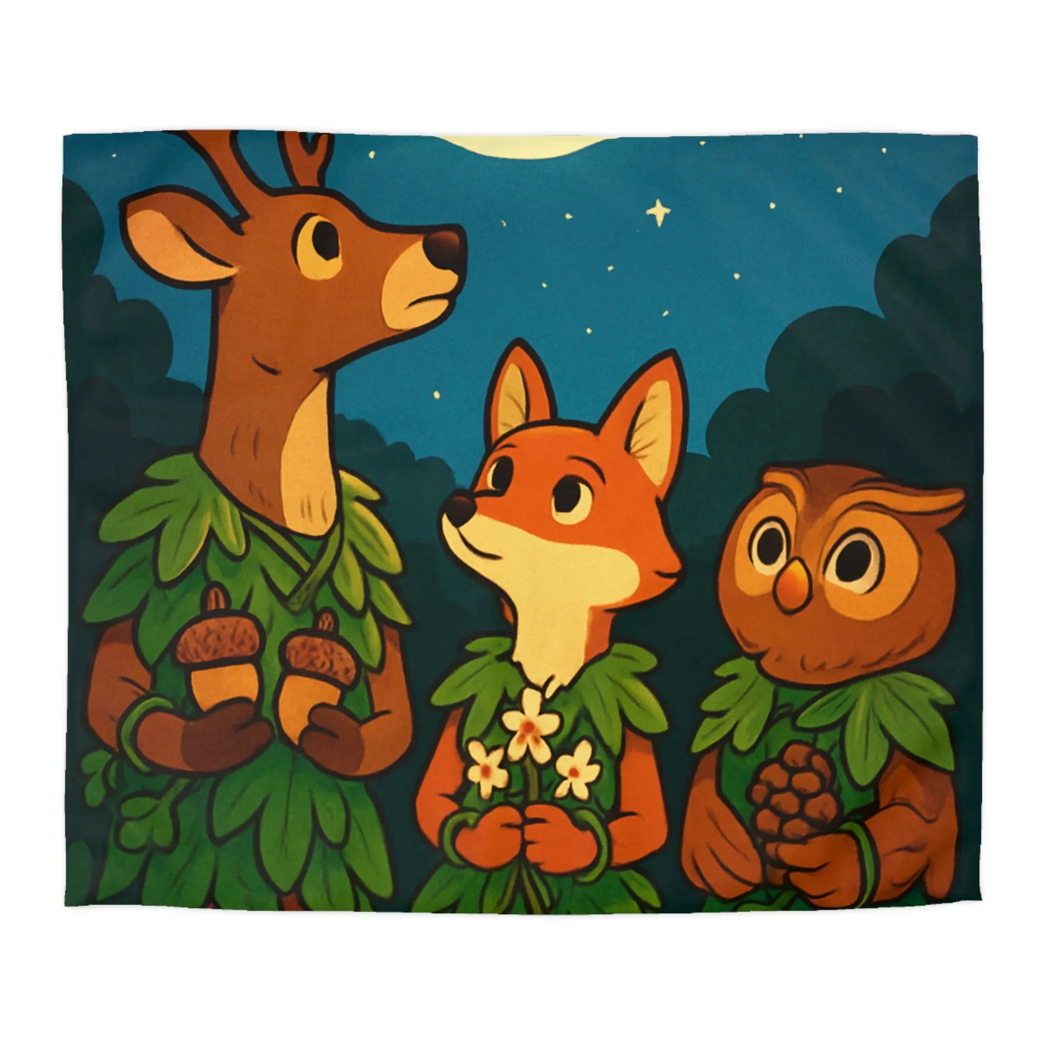Housse de couette animalière magique avec cerf, renard et hibou sous la pleine lune