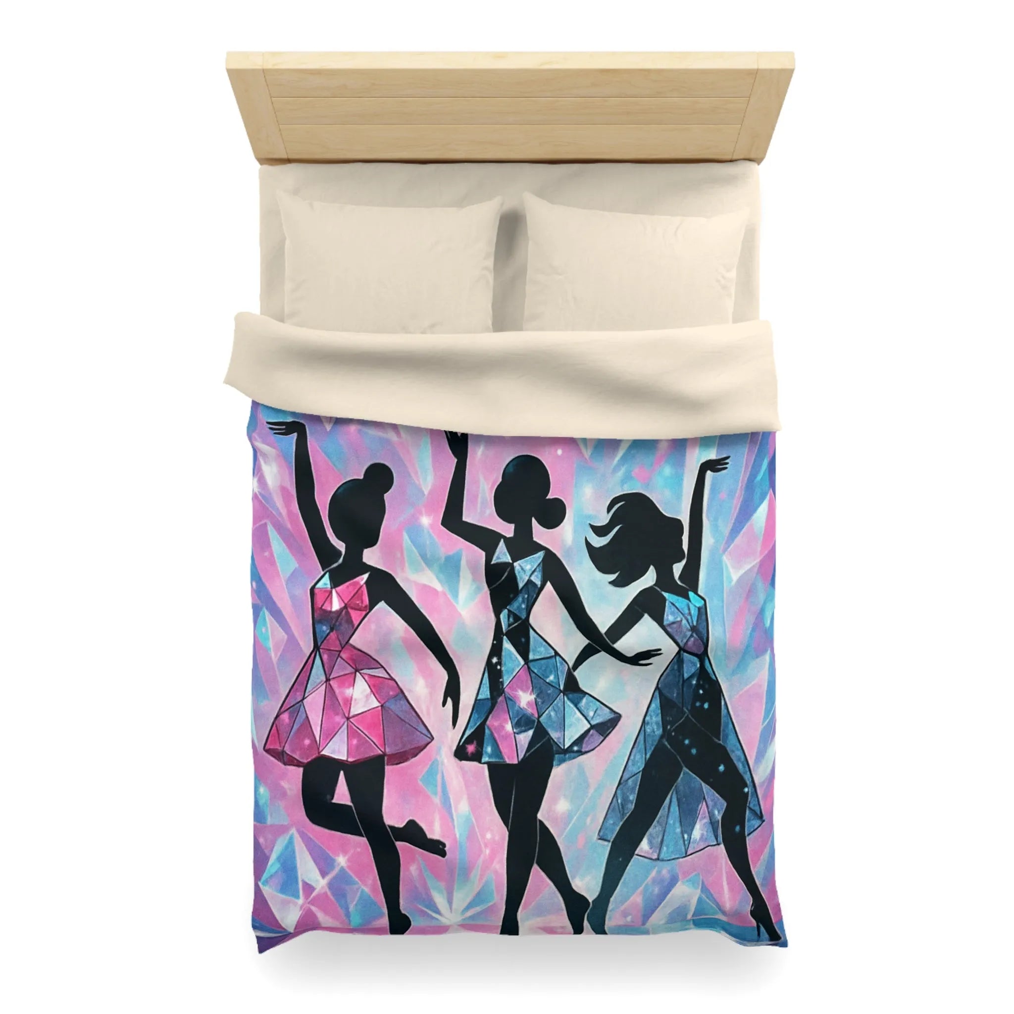 Élégantes silhouettes de danseuses avec motifs géométriques sur fond cristallin scintillant