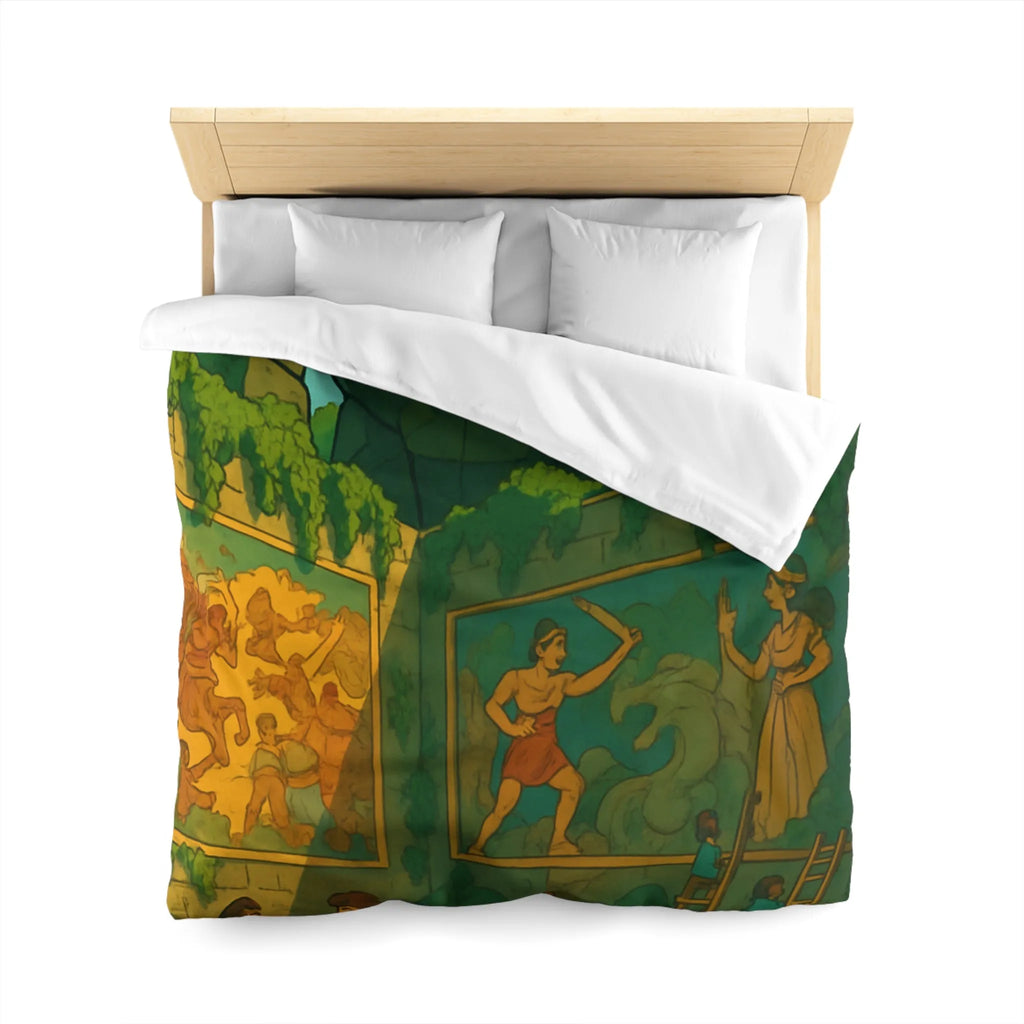 Enchantante parure de lit jardin fantastique avec golem géant et enfants joueurs colorés