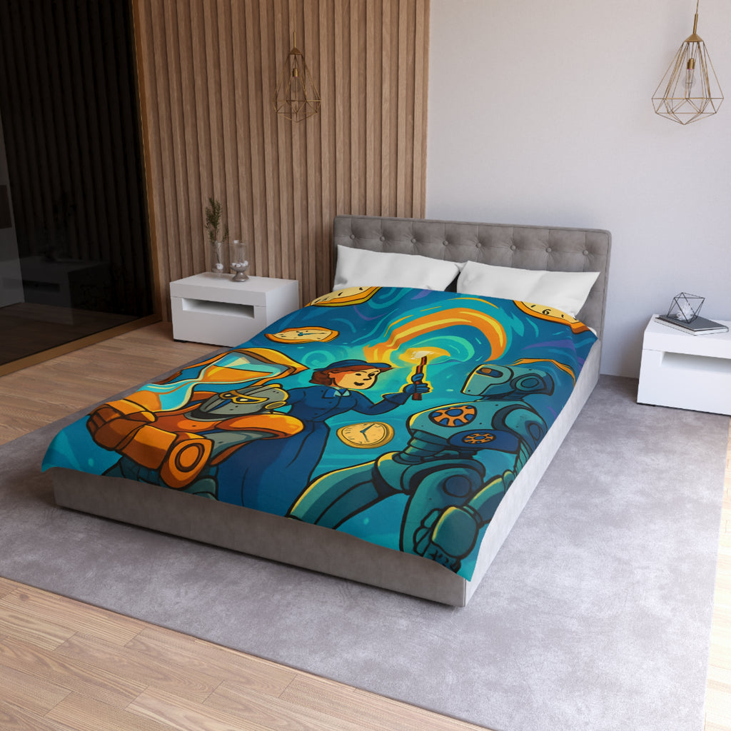 Housse de couette thème science fiction avec robots et horloges pour chambre moderne