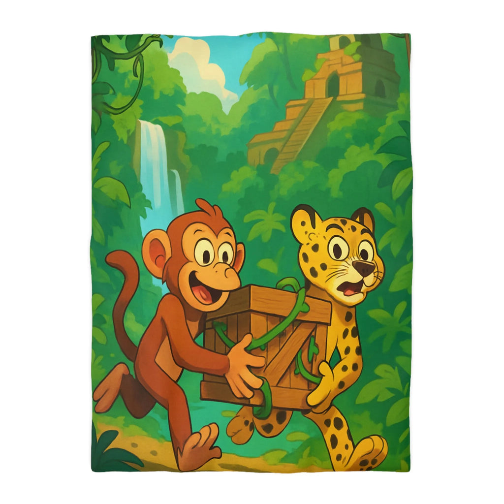 Housse de Couette Jungle Aventure: Singe et Léopard En Explorateurs Cachés dans La Forêt