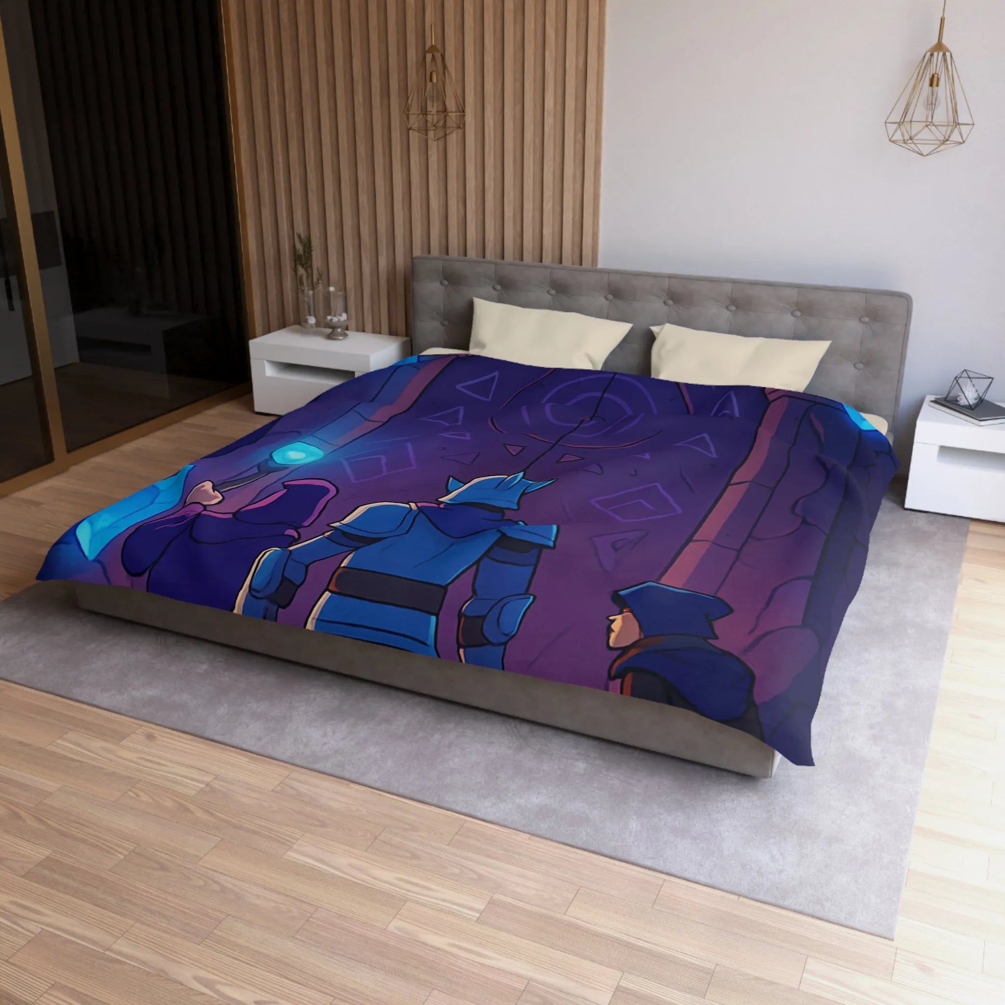 Housse de couette médiévale fantasy avec chevalier et magicien devant porte mystique
