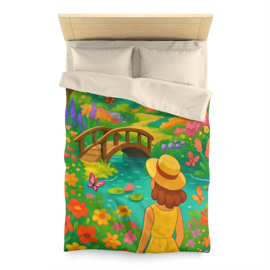Housse de Couette Jardin Enchanté avec Pont et Papillons, Motif Vif et Coloré