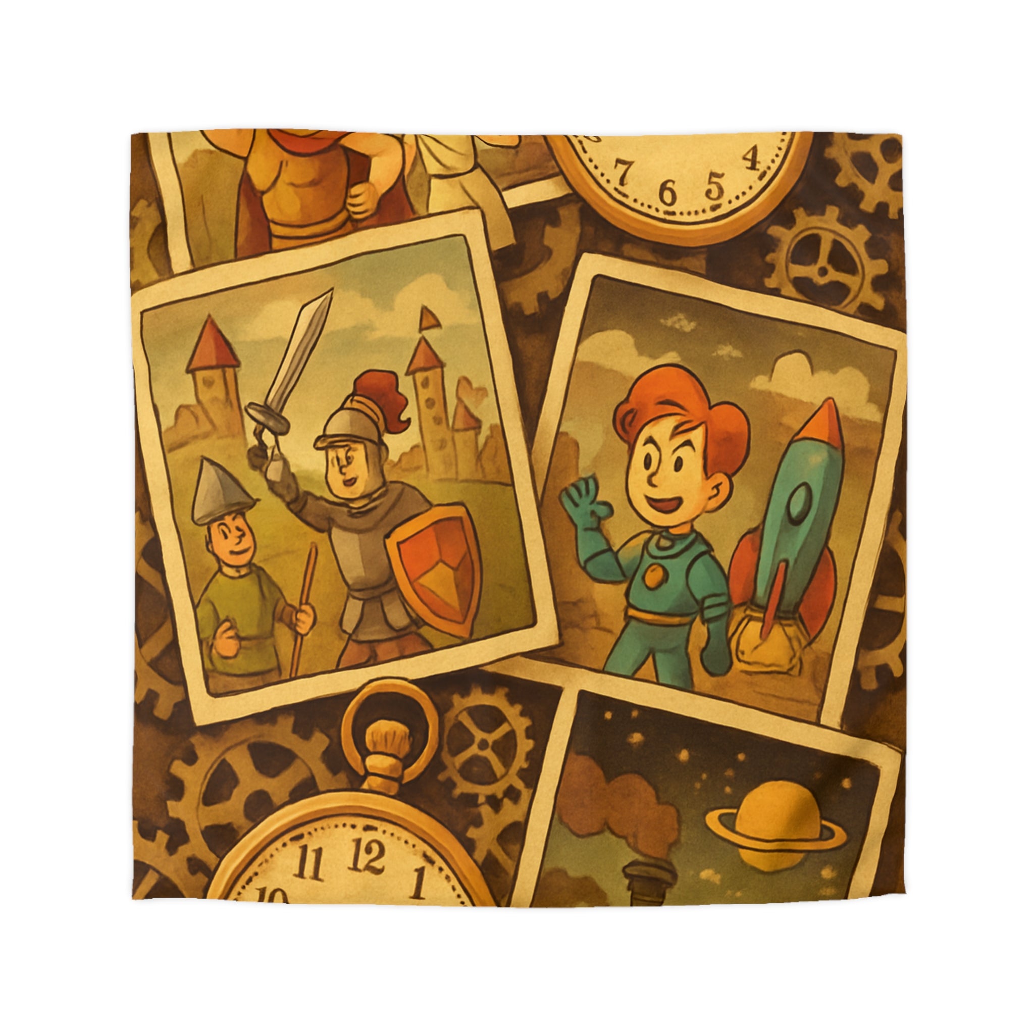 Housse de couette rétro avec horloges, conquérants et thème d'exploration spatiale et historique