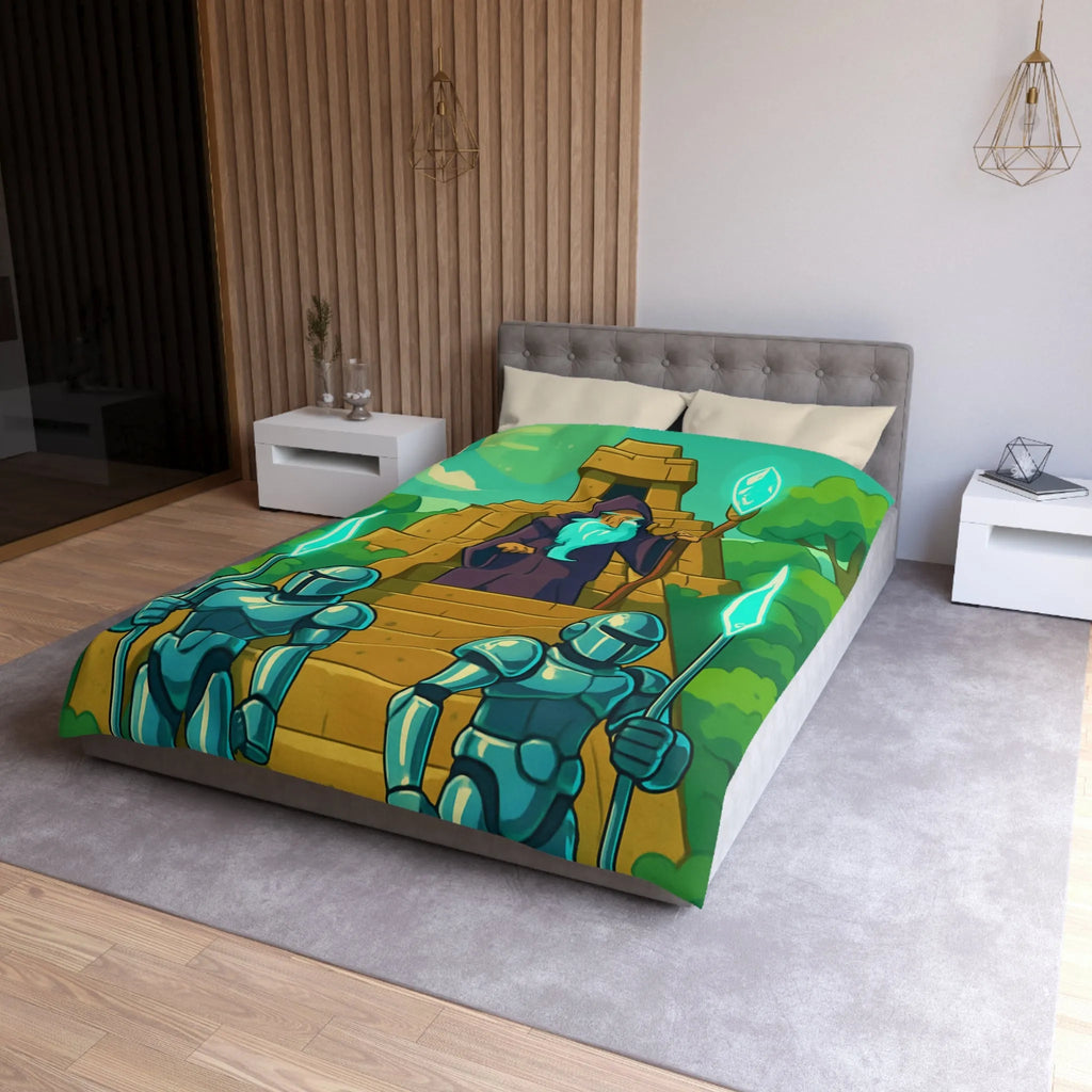 Enchanted Pyramid Landscape with Wizard and Glowing Guardians for Magical Bedding Decor