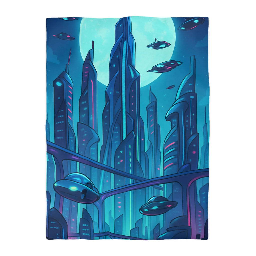 Housse de couette futuriste avec ville néon et vaisseaux spatiaux sous pleine lune