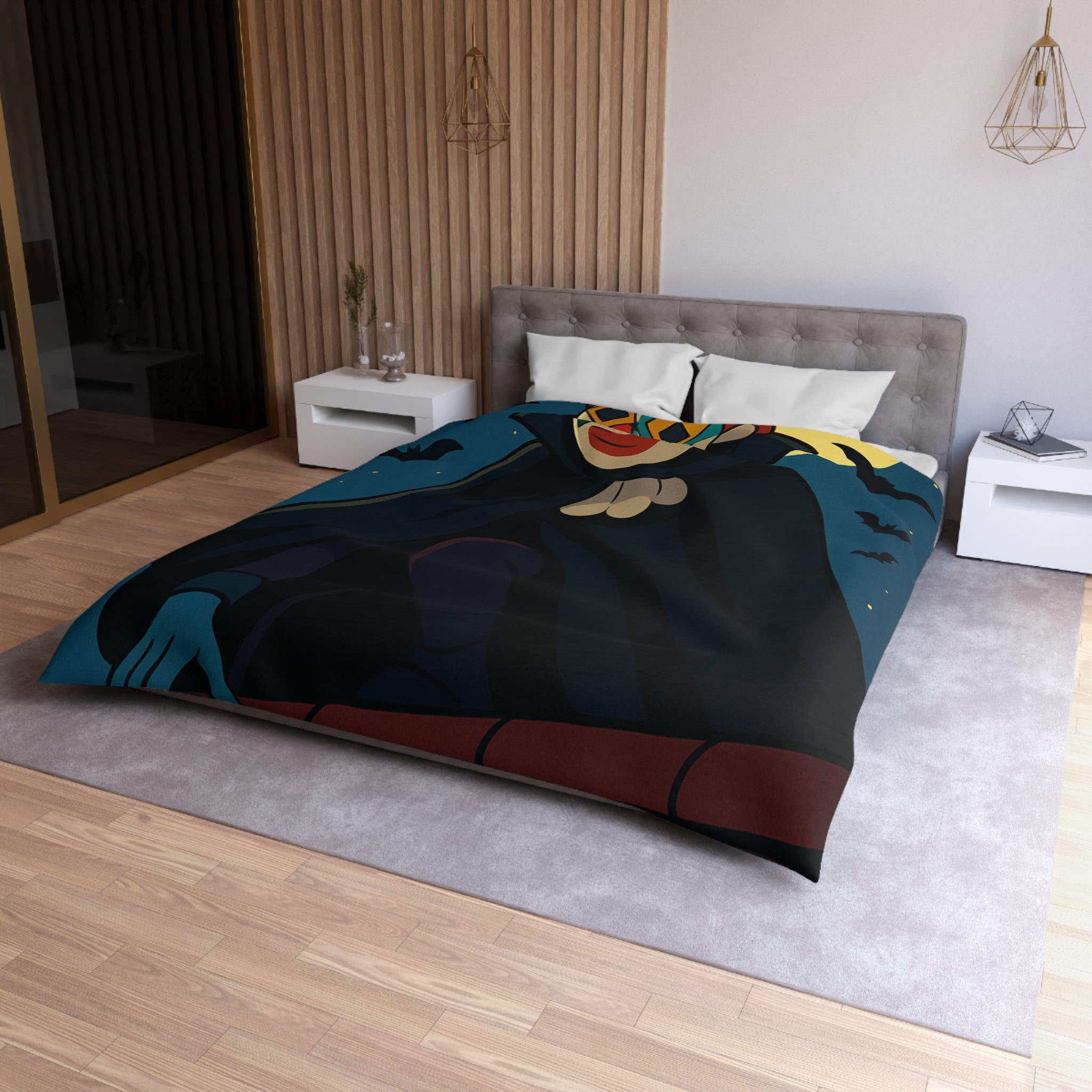 Masque Joker Coloré Sous Pleine Lune avec Chauves-Souris sur une Toiture Effrayante