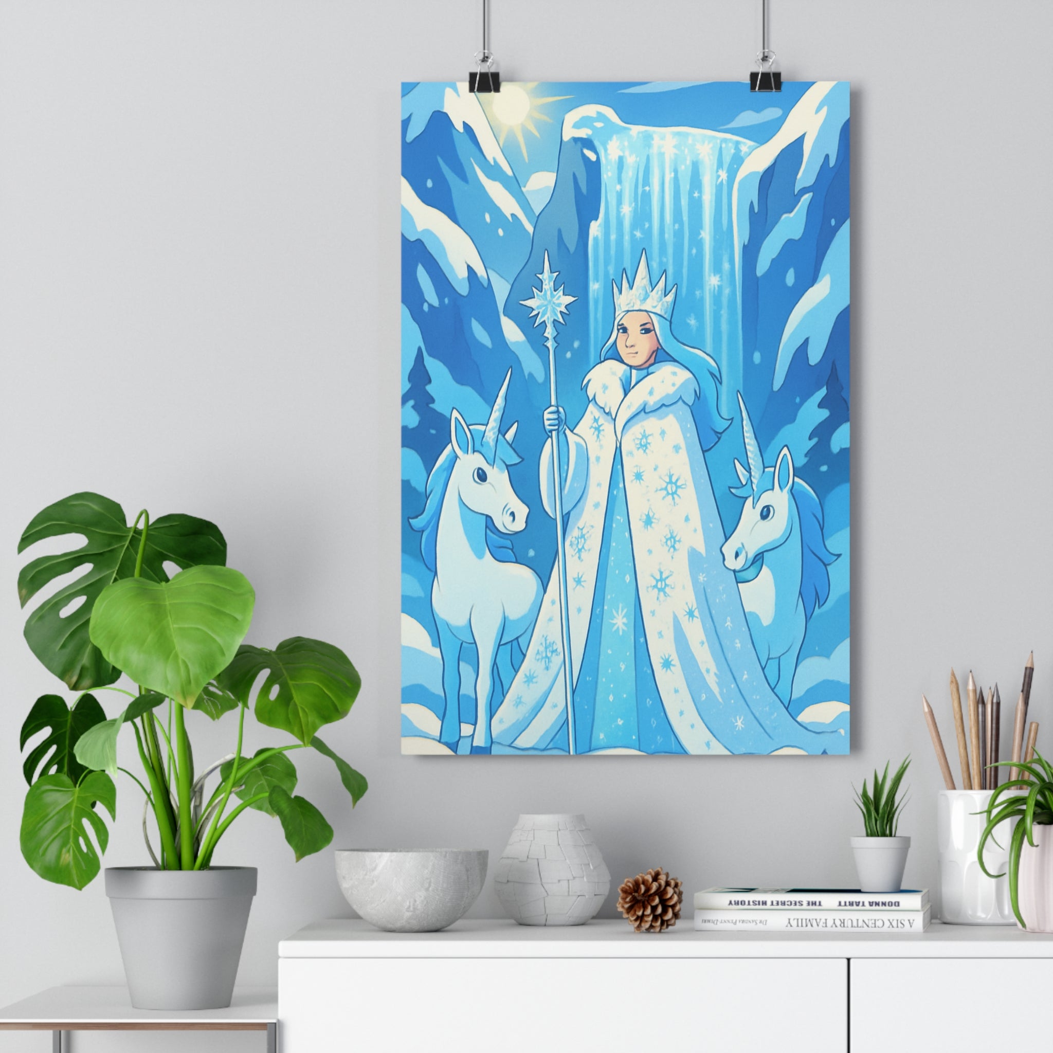 Poster décoratif peinture froid mystique chambre salon enfant magique montagne cascade reine licorne neige