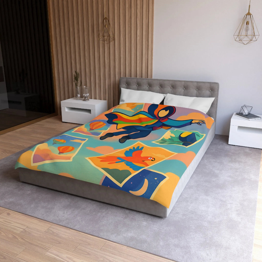 Housse de couette colorée avec motifs d'aventure de montgolfières et oiseaux exotiques