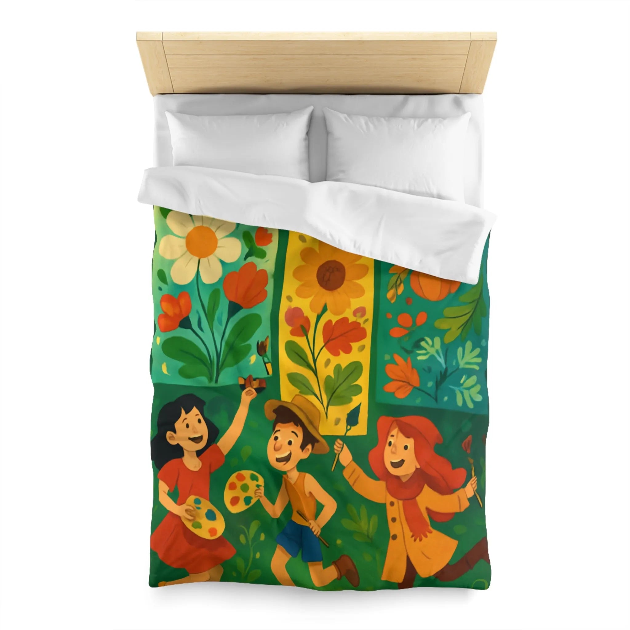 Housse de couette colorée avec design floral et personnages ludiques pour chambre joyeuse