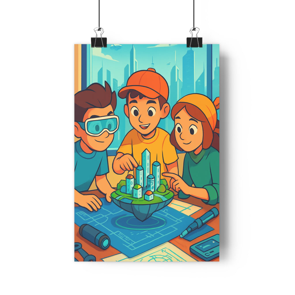 Poster décoratif anime collaboratif bleu vert orange joyeux salon chambre design visionnaire dynamique enfant