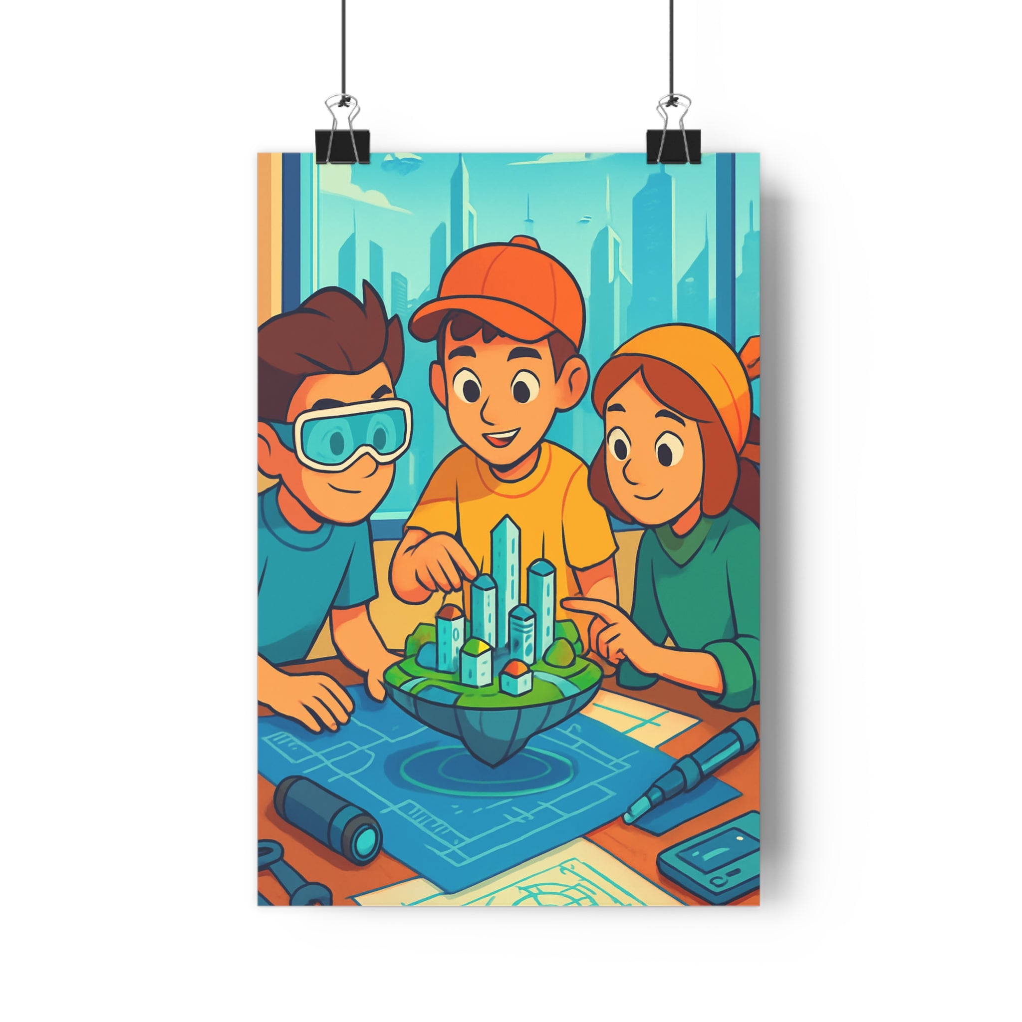Poster décoratif anime collaboratif bleu vert orange joyeux salon chambre design visionnaire dynamique enfant