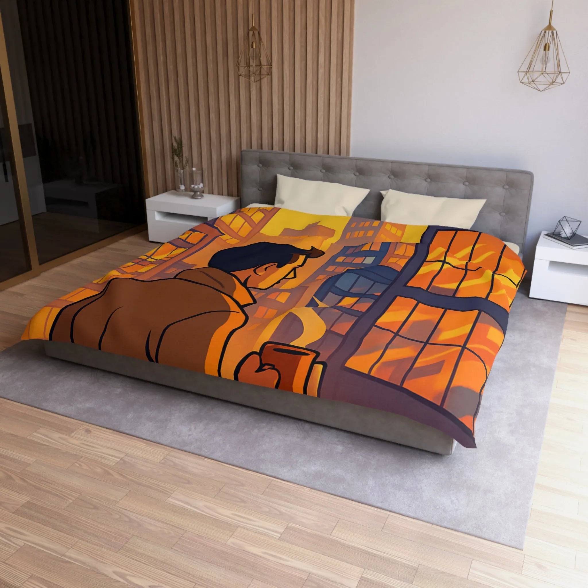Housse de couette avec illustration urbaine au coucher de soleil et silhouette masculine