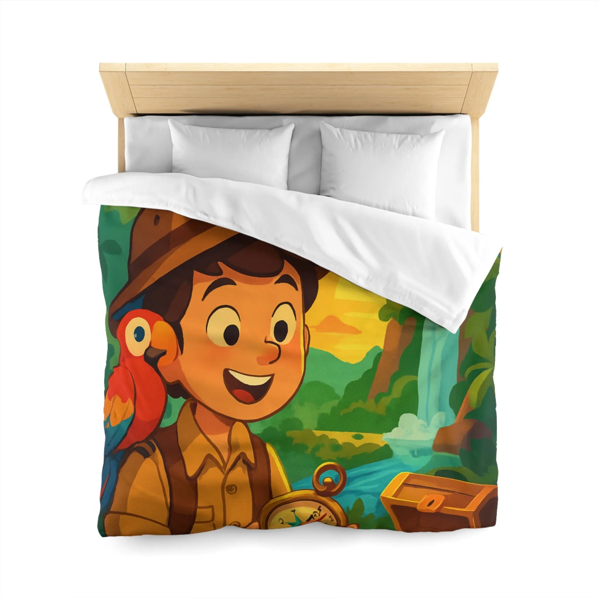 Housse de couette aventure tropicale avec trésor et perroquet pour enfant