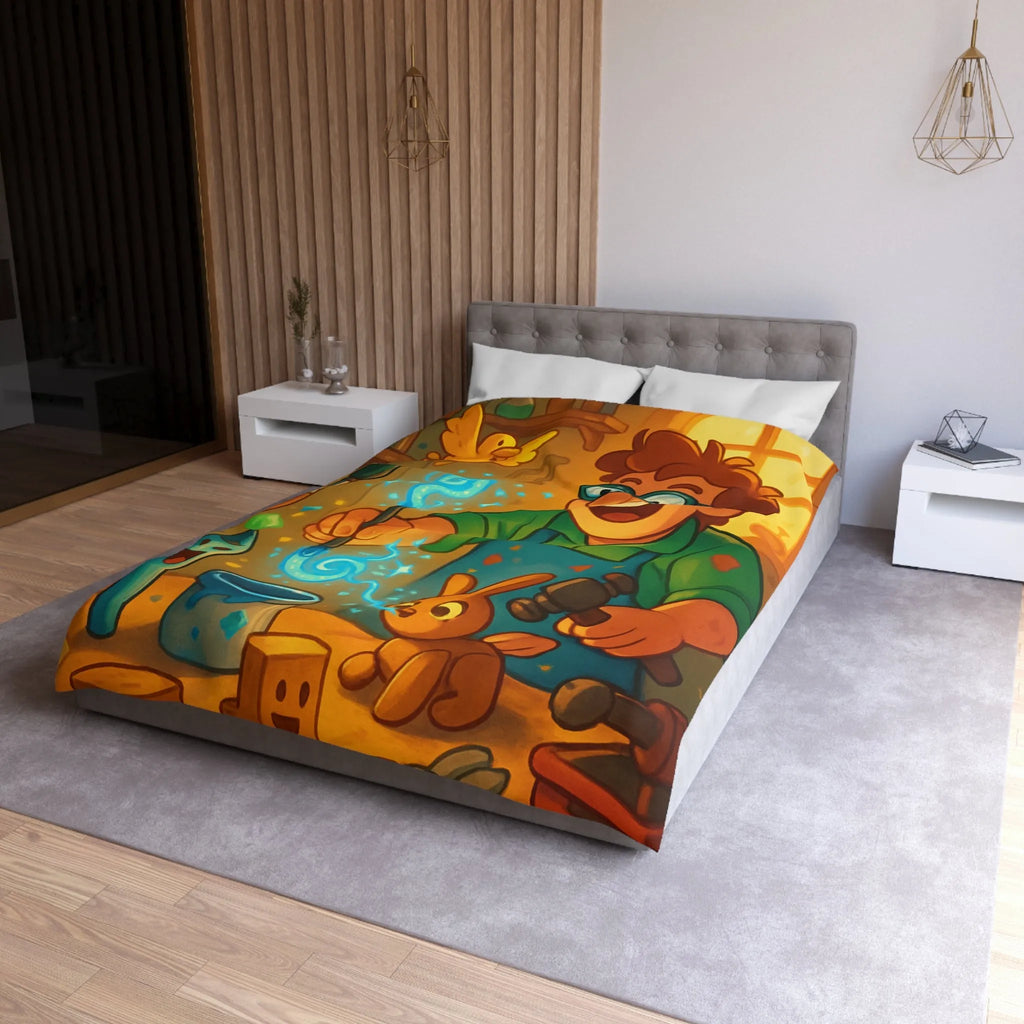 Artisan heureux sculpte figurines magiques dans atelier en bois lumineux et coloré