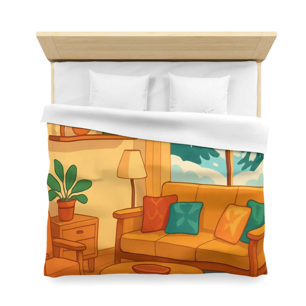 Housse de couette chaleureuse motif salon hiver, décor scandinave avec neige et plantes