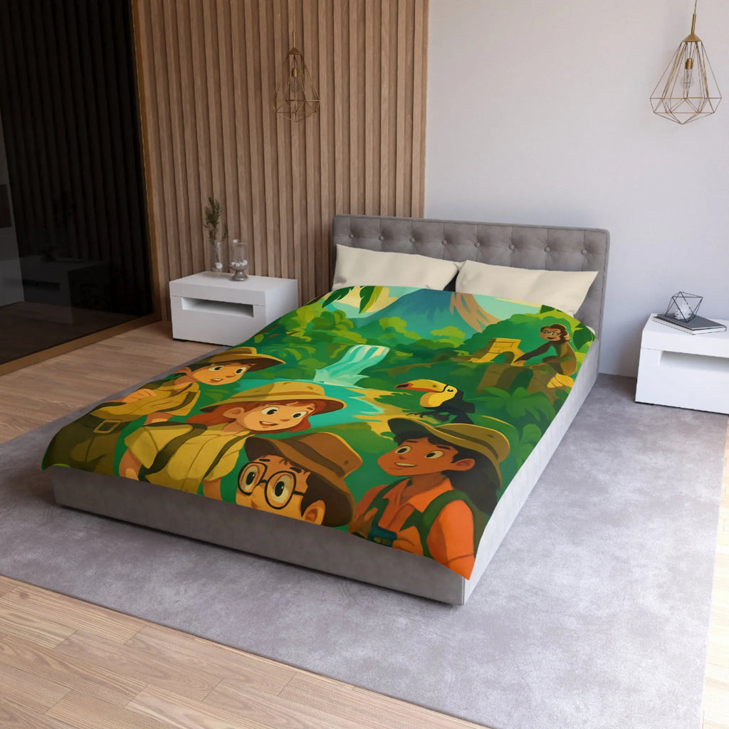 Housse de Couette Jungle Aventure Enfants avec Toucan, Monuments et Cascade Colorés