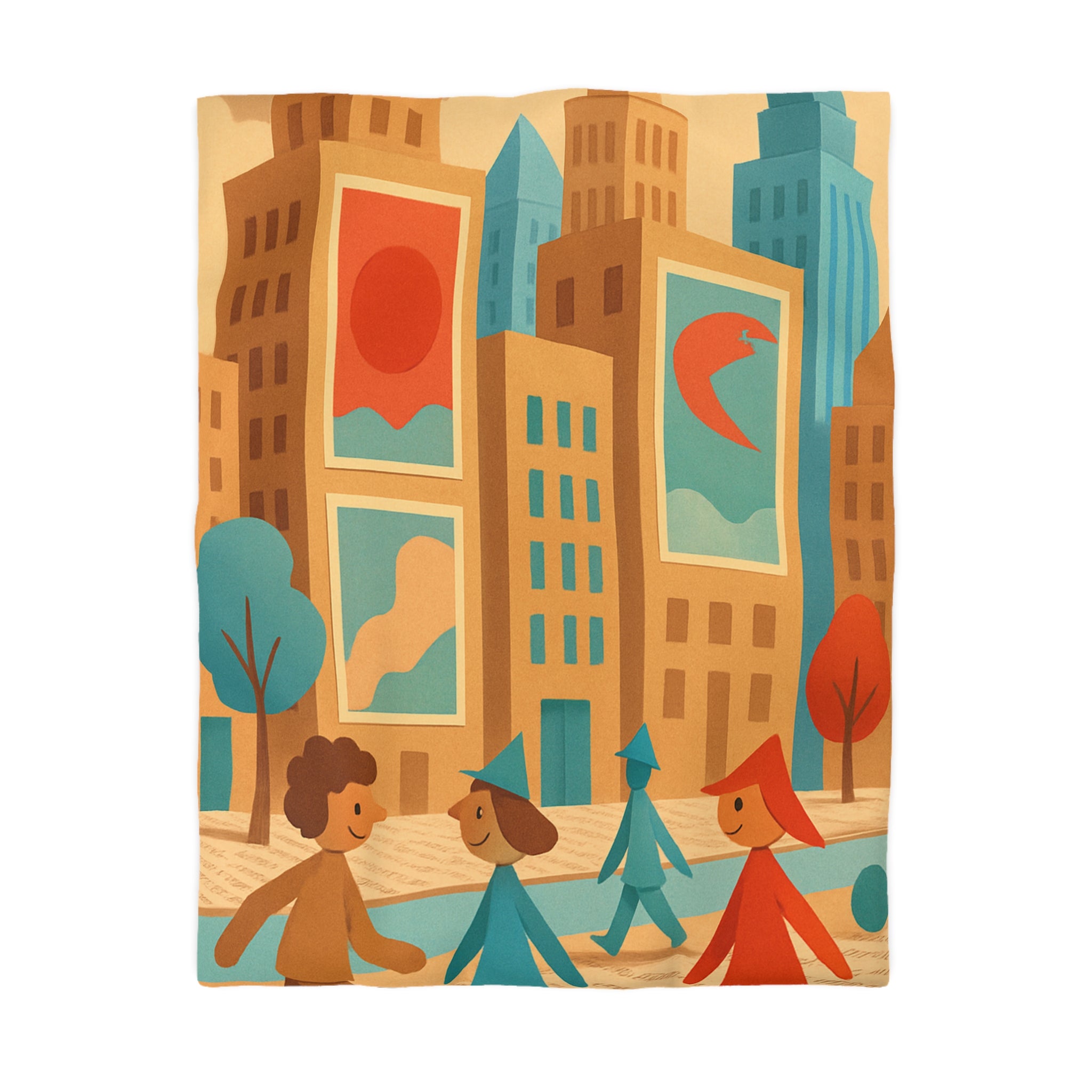 Housse de couette urbaine vintage : architecture colorée, silhouettes géométriques, ambiance rétro joyeuse