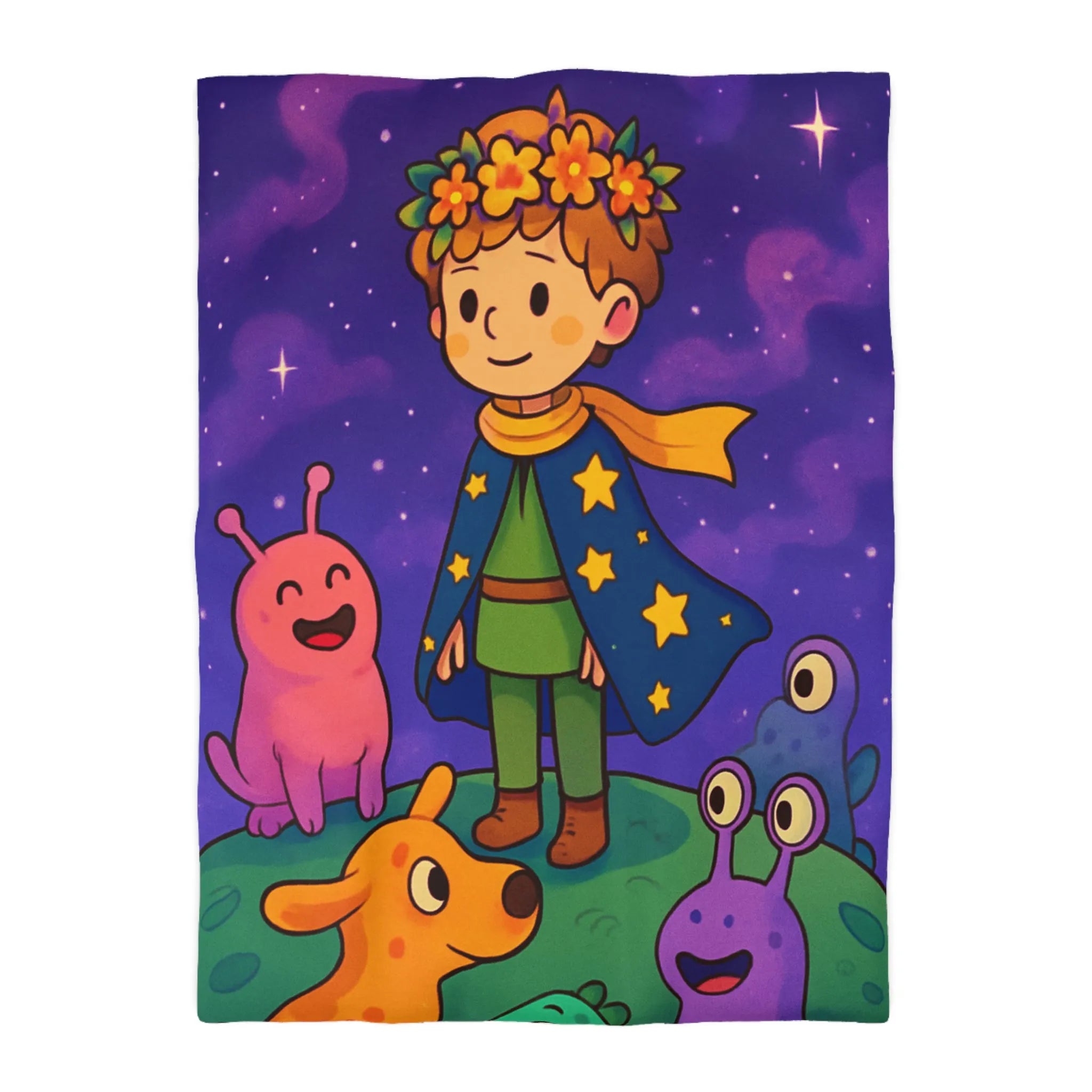 Housse de Couette Colorée Enfantine avec Enfant et Créatures sous Ciel Étoilé