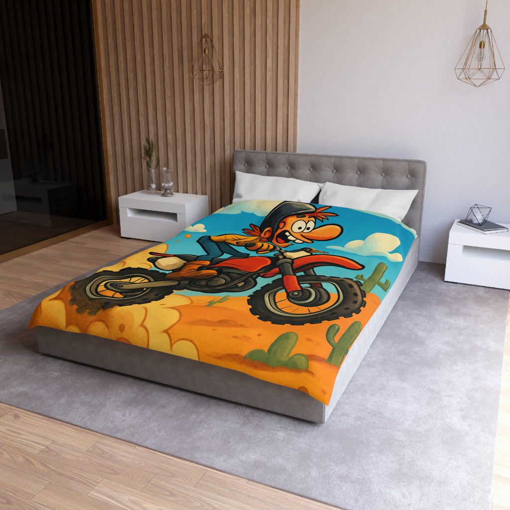 Motard animé sur motocross sautant à travers désert coloré avec cactus et nuages