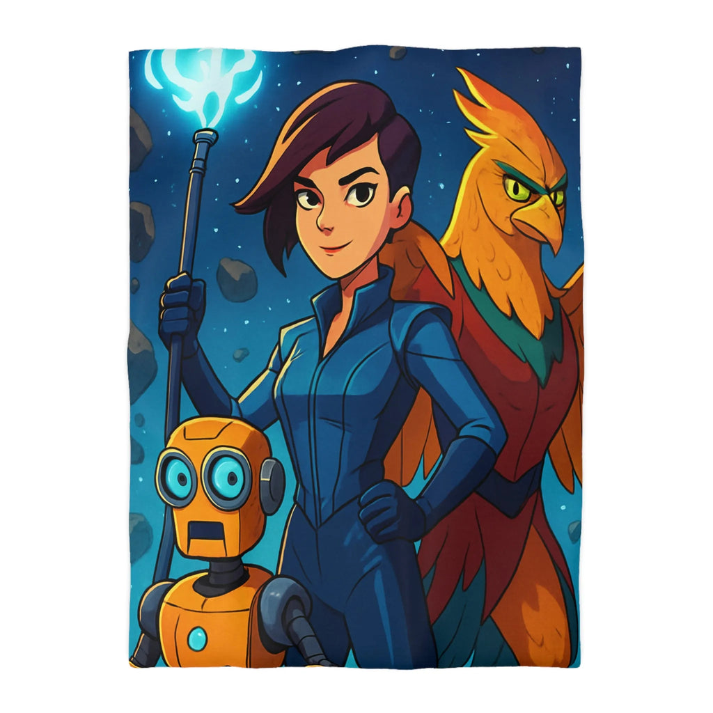 Housse de couette colorée avec exploratrice, robot et oiseau dans l'espace étoilé