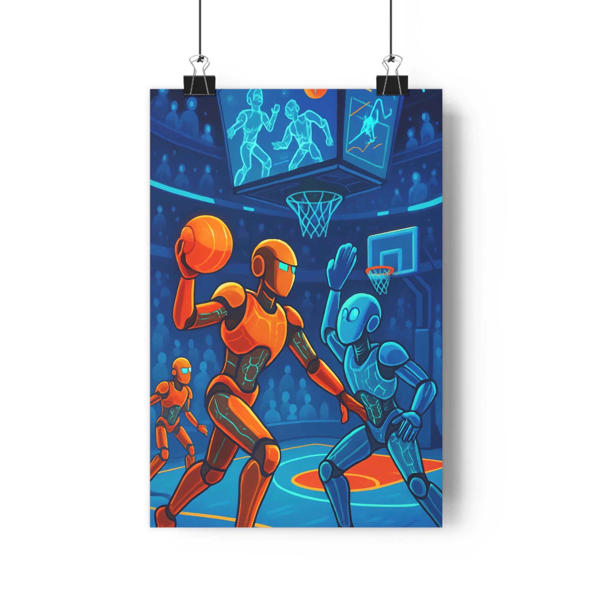 Poster décoratif futuriste basketball cyberpunk néon robotique action vibrant jeu moderne salon chambre qualité
