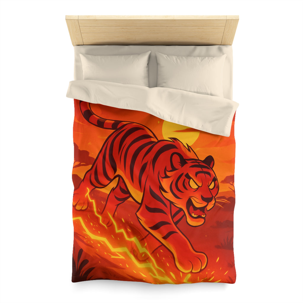 Housse de couette tigre dynamique avec coucher de soleil flamboyant en arrière-plan vibrant