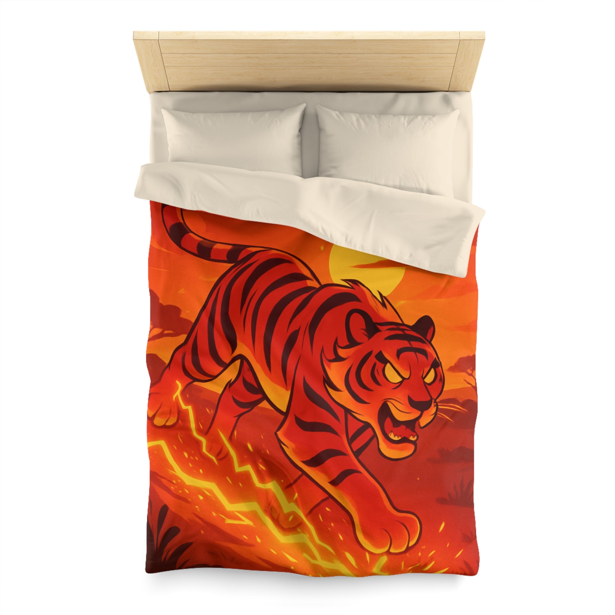 Housse de couette tigre dynamique avec coucher de soleil flamboyant en arrière-plan vibrant
