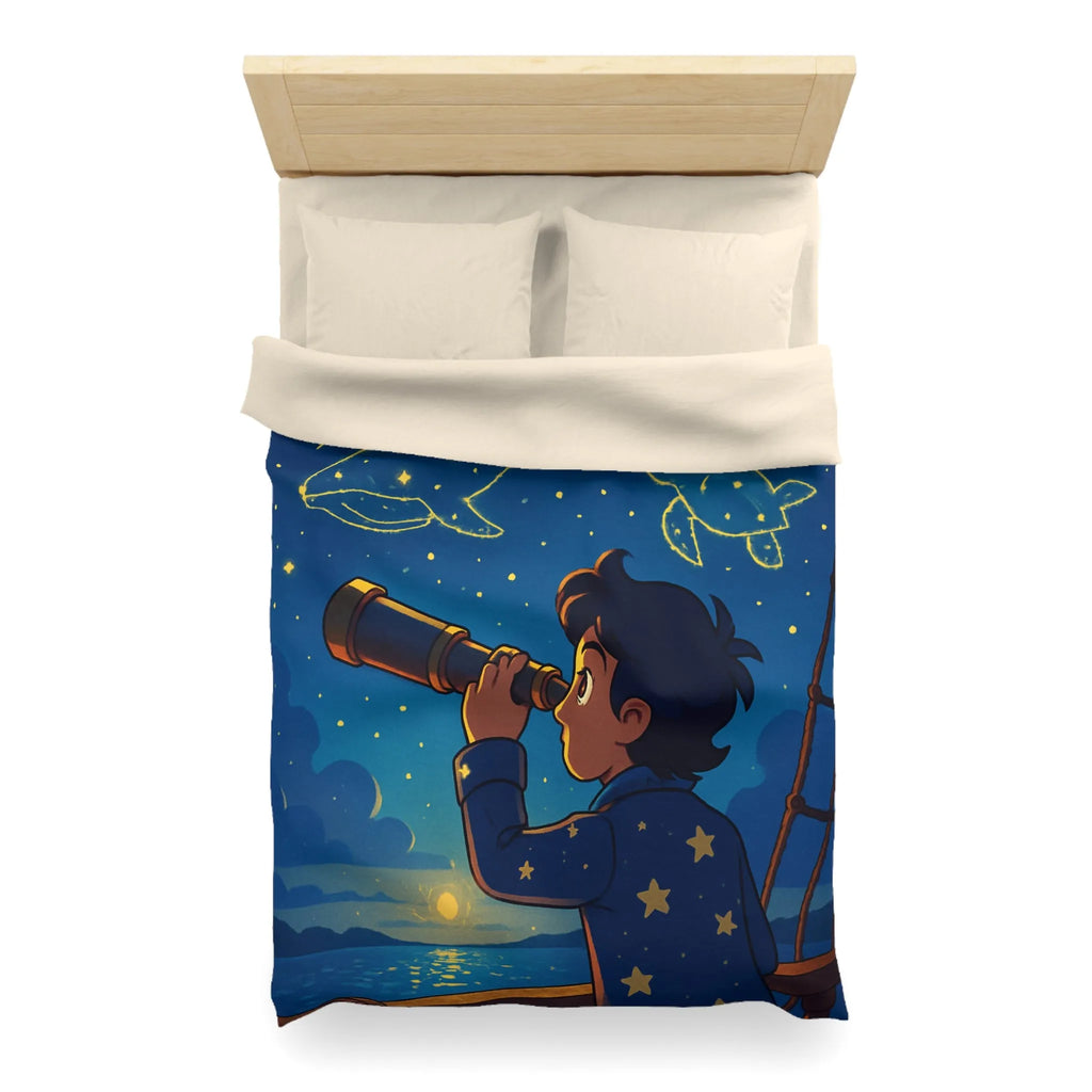 Housse de Couette Étoilée Enfant Rêveur Observant Constellations Célestes Bleu Nuit