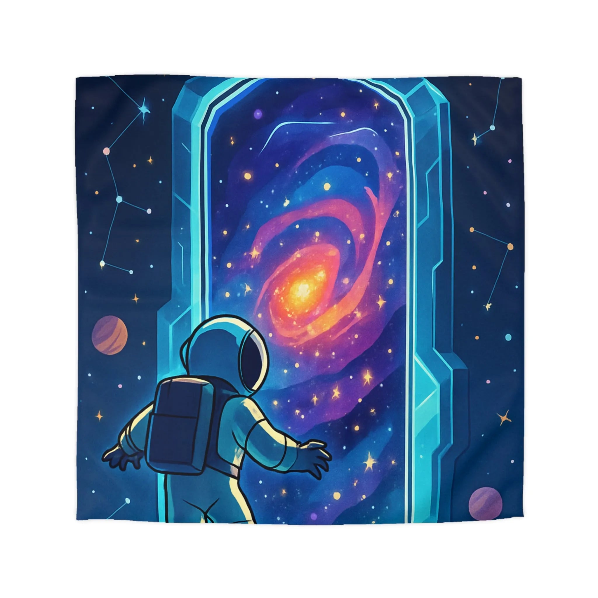 Housse de couette astronaute explorant portail galactique vibrant dans l'espace étoilé