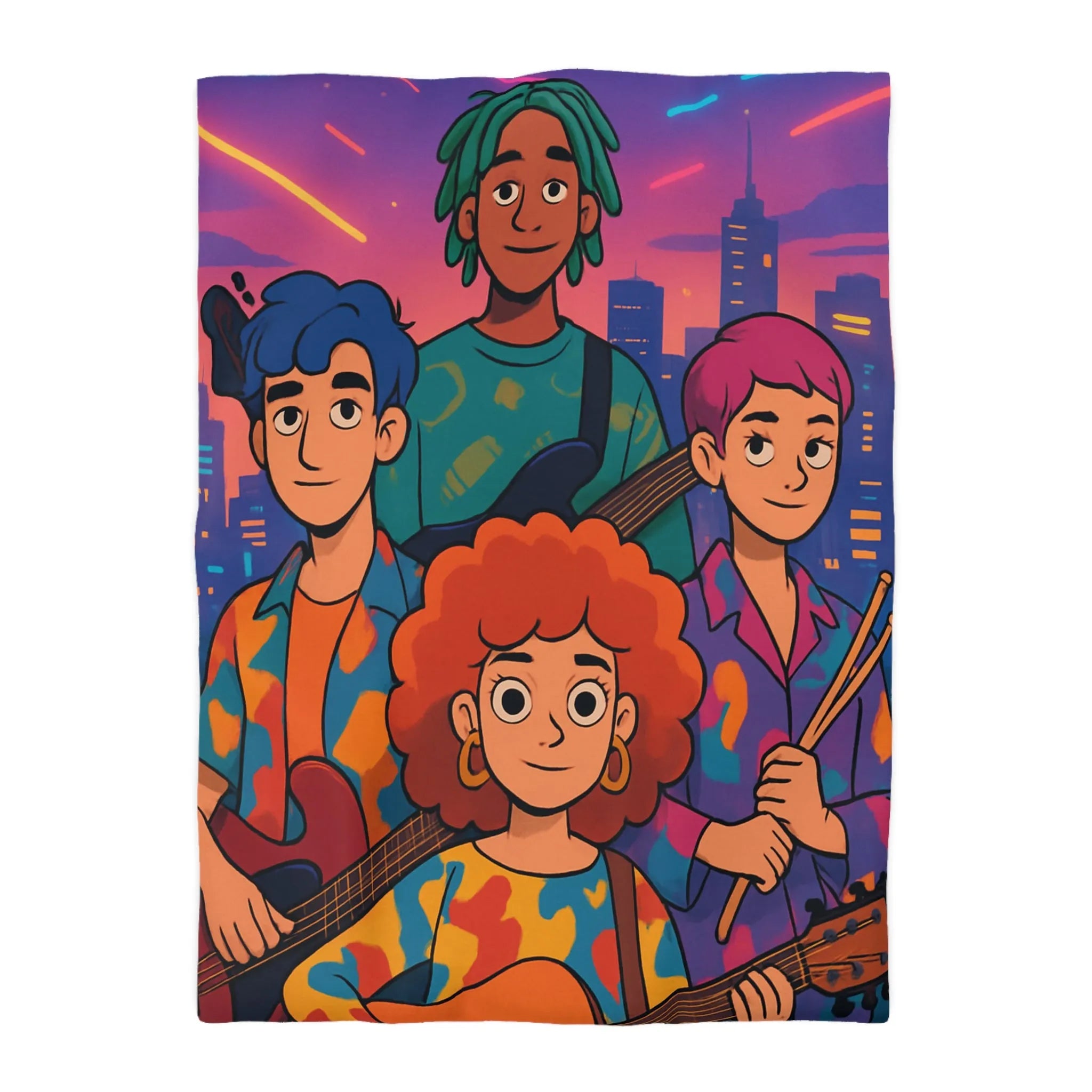 Housse de couette colorée avec groupe de musiciens devant un paysage urbain nocturne