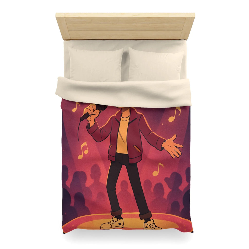 Housse de couette animée chanteur sur scène, ambiance vive et musicale au cœur vibrant