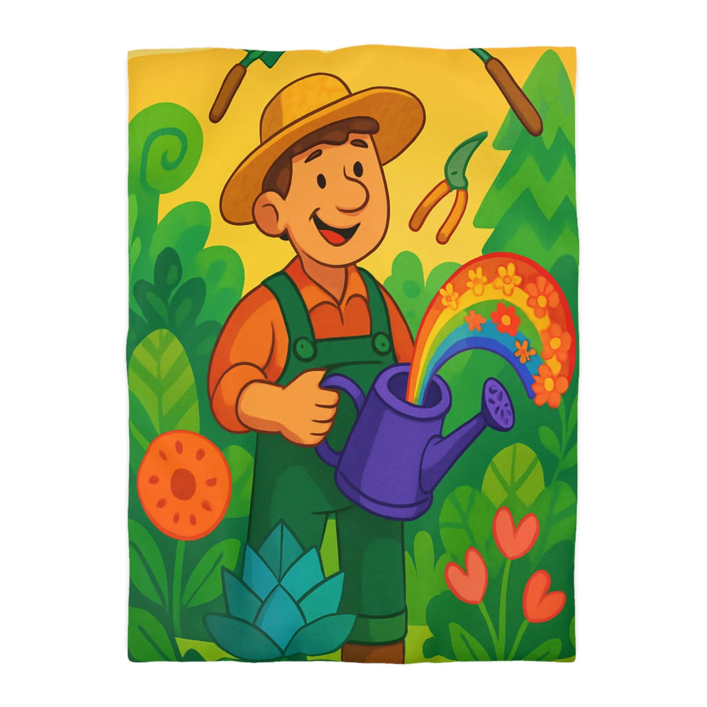 Housse de Couette Colorée avec Dessin Jardinier Arrosant des Fleurs et Arc-en-Ciel
