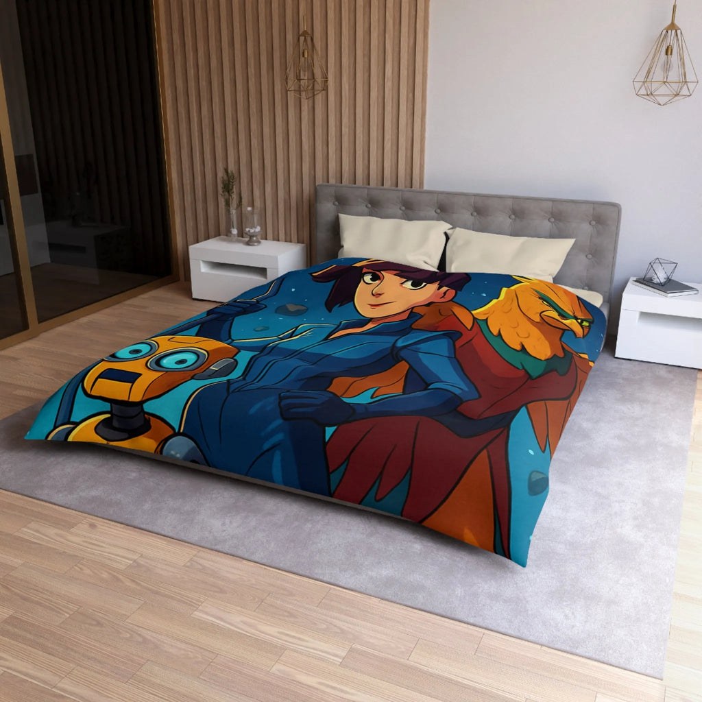 Housse de couette colorée avec exploratrice, robot et oiseau dans l'espace étoilé