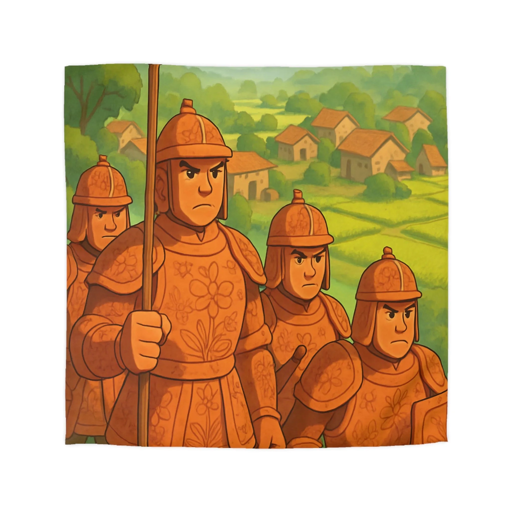 Housse de couette illustrée guerriers médiévaux champêtres dégradé vert orange doux et enfantin