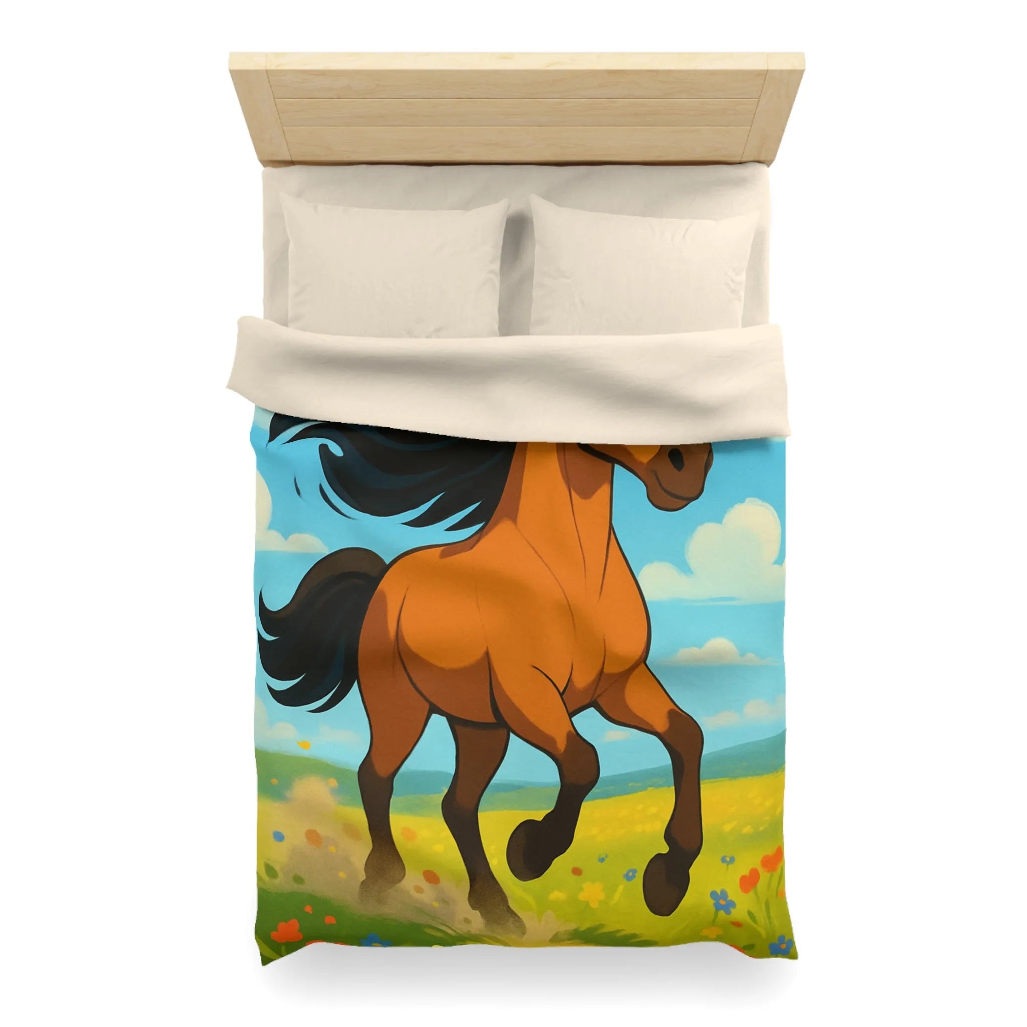 Housse de couette cheval couleur vive, prairie en fleurs, nuages, ciel bleu