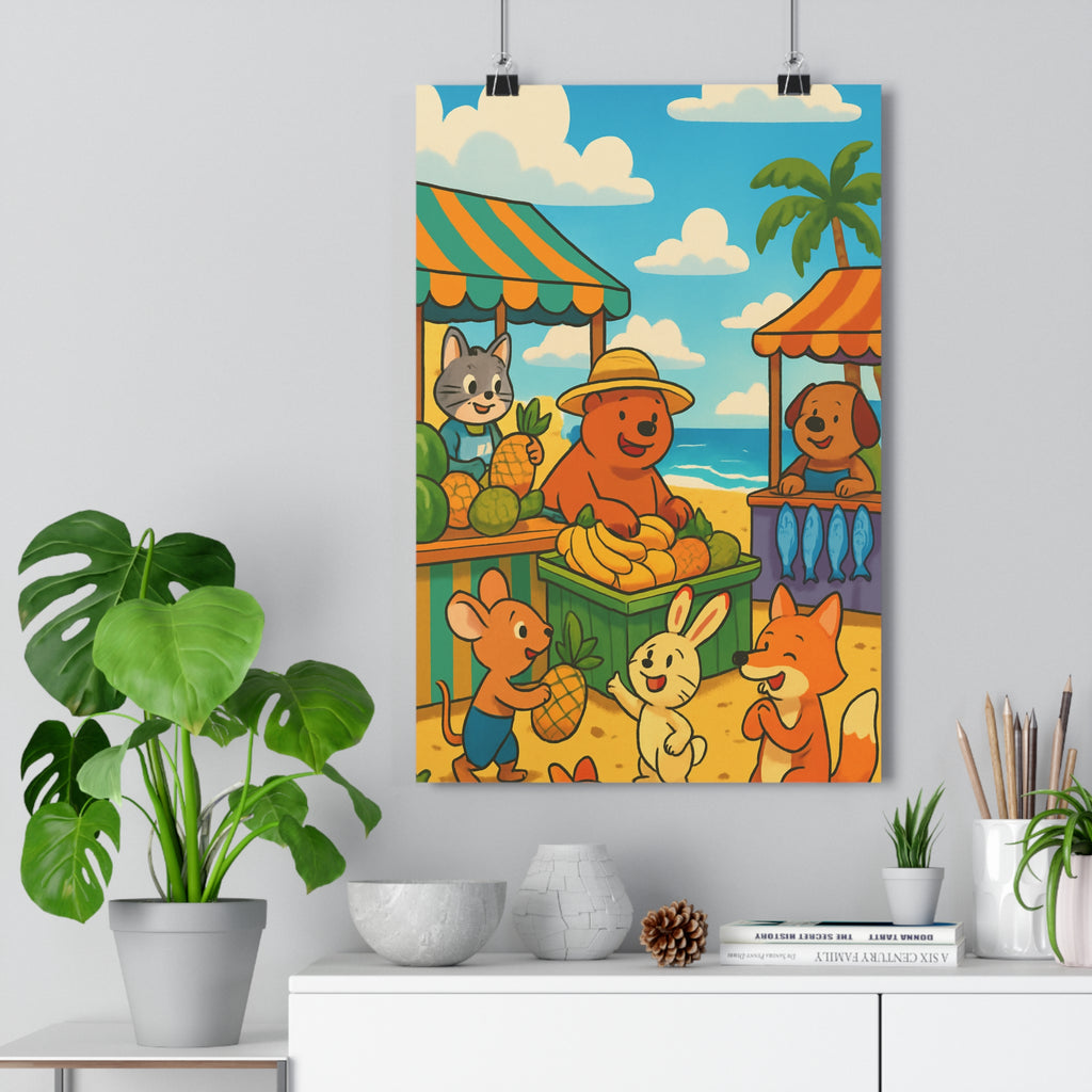 Poster décoratif cartoon jaune bleu vert joyeux chambre enfant salon animalier estival unique qualité