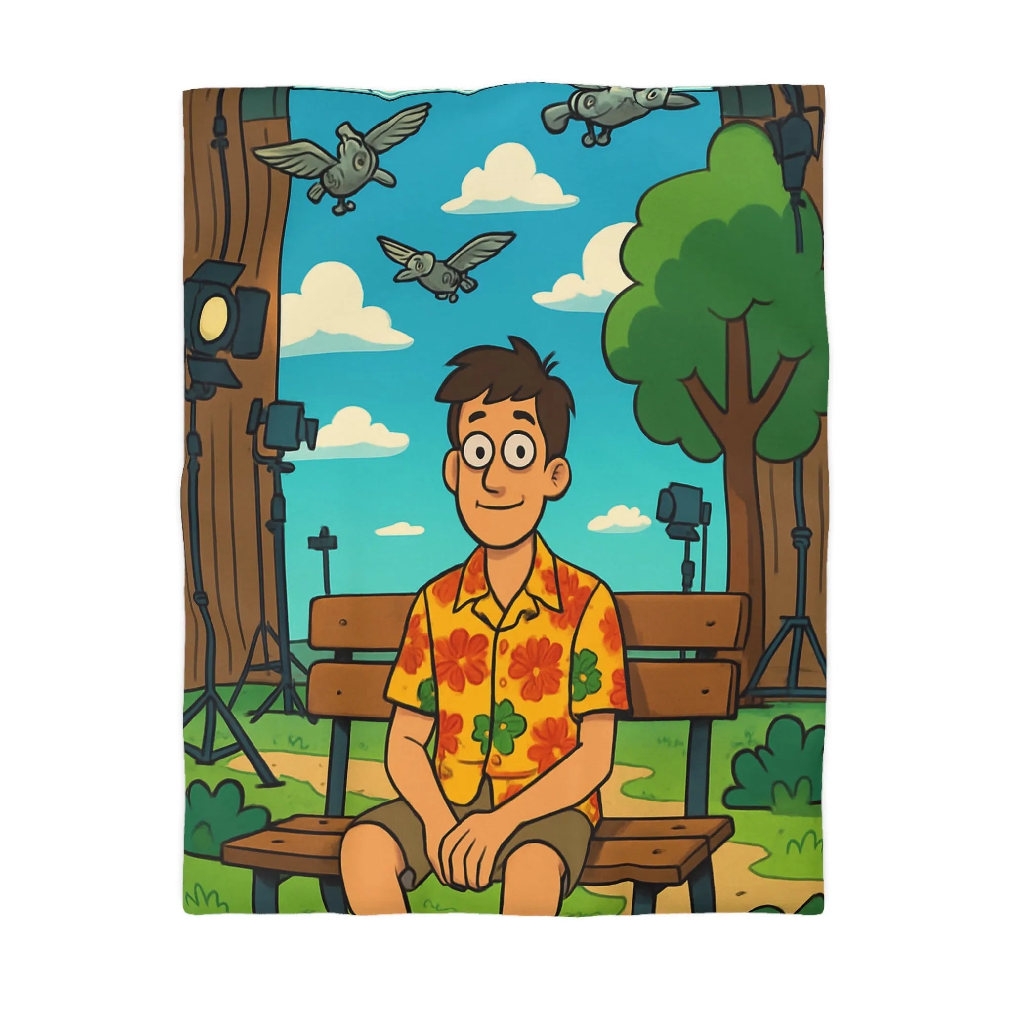 Housse de couette amusante avec motif de banc, homme et oiseaux volants