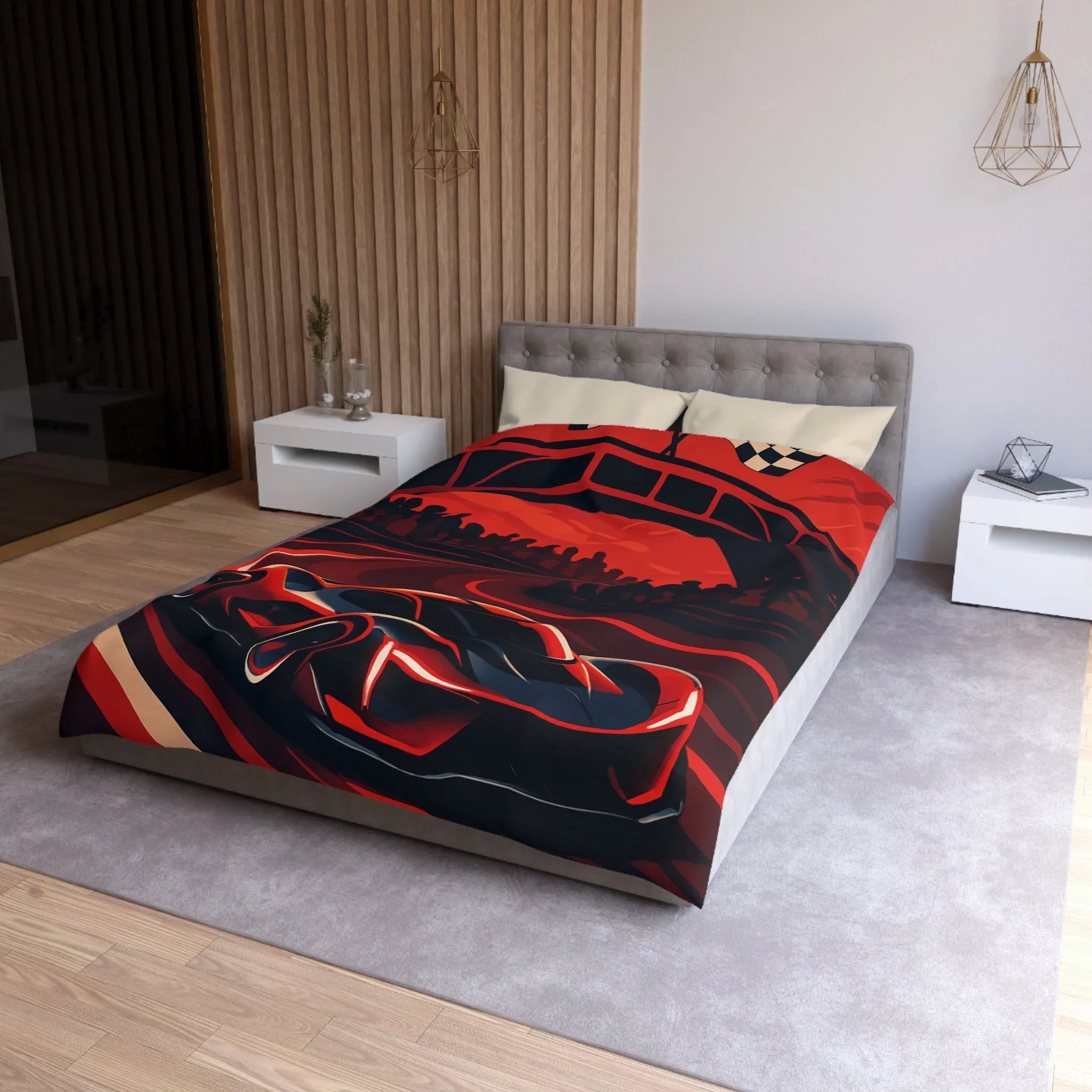 Housse de couette avec design de voiture de course rouge moderne sur circuit sinueux