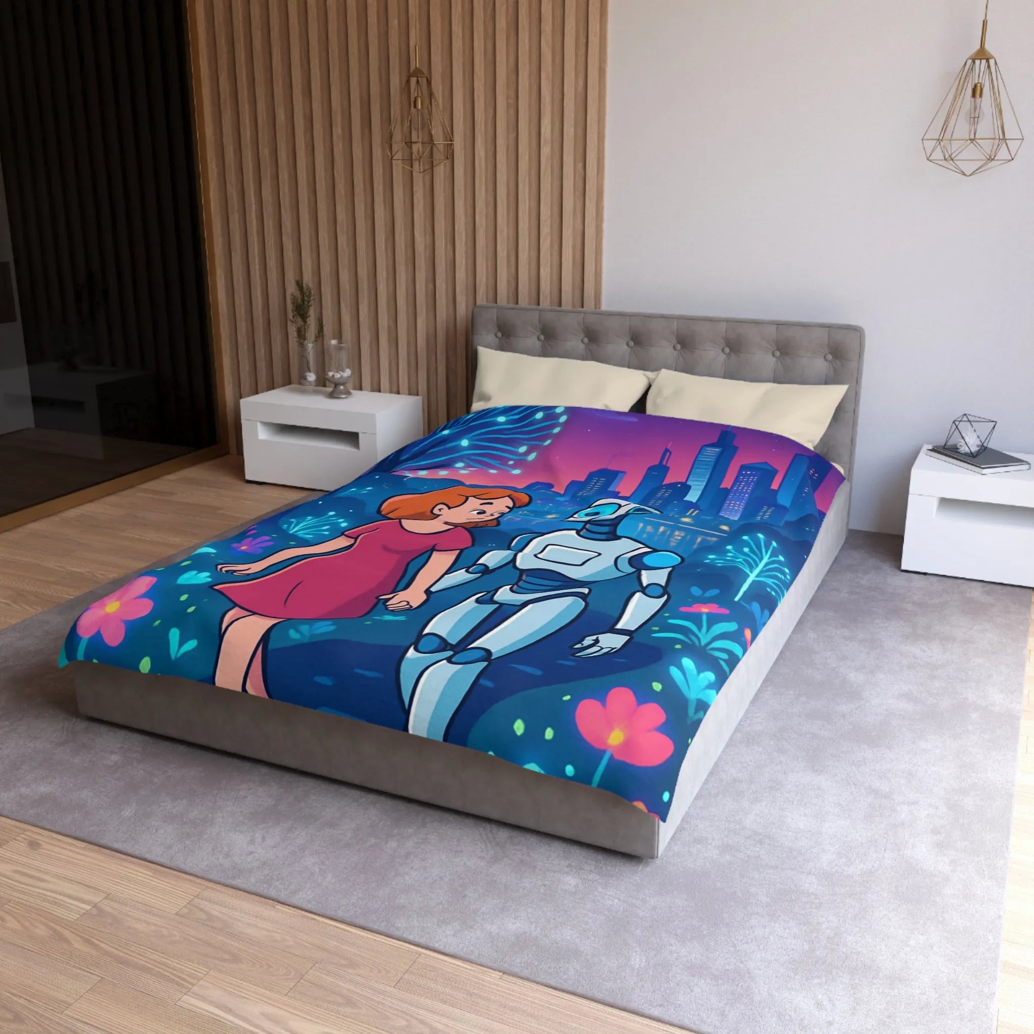 Housse de Couette Enchantée: Enfant et Robot dans un Univers Coloré et Futuriste