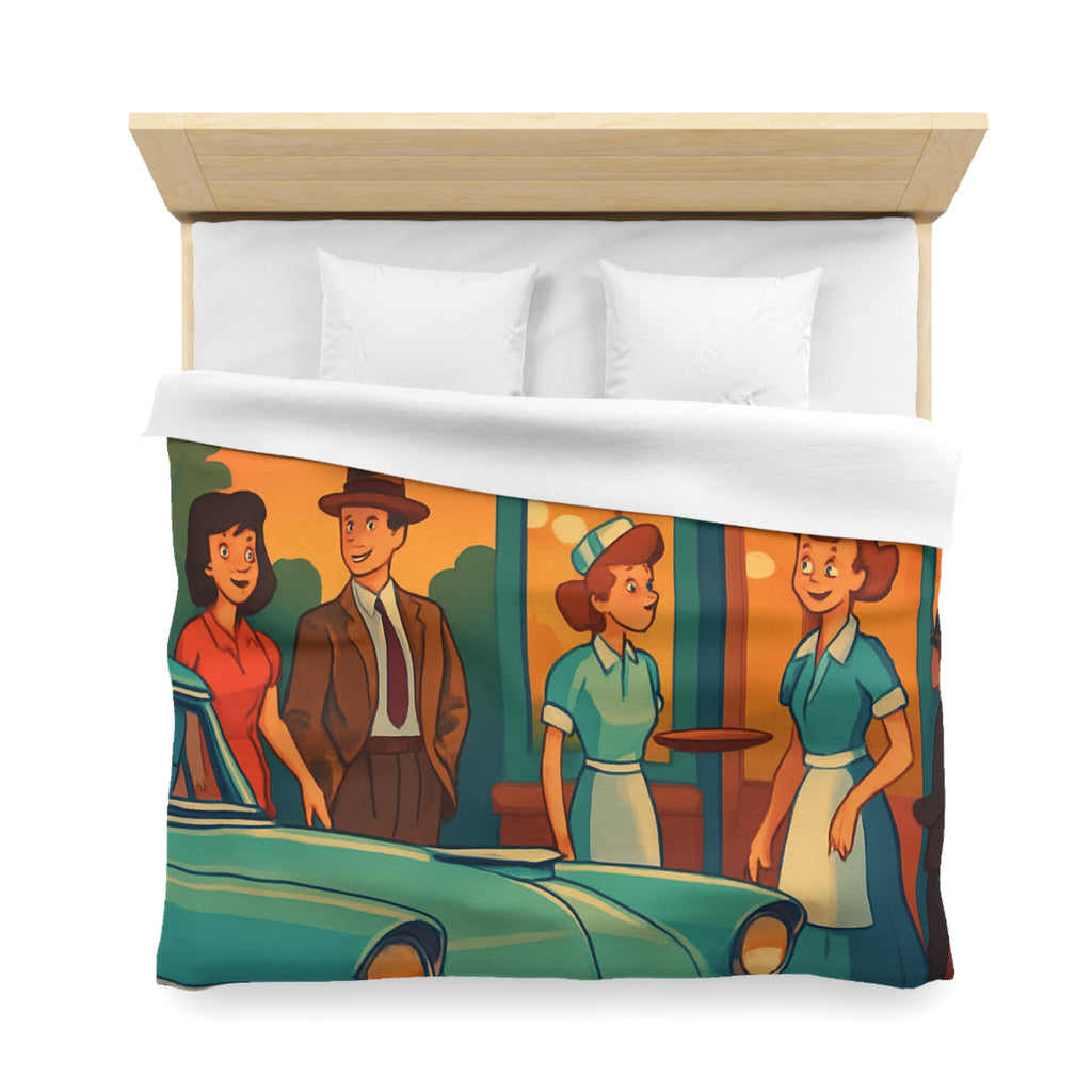 Housse de couette rétro avec illustration de café américain et voiture vintage