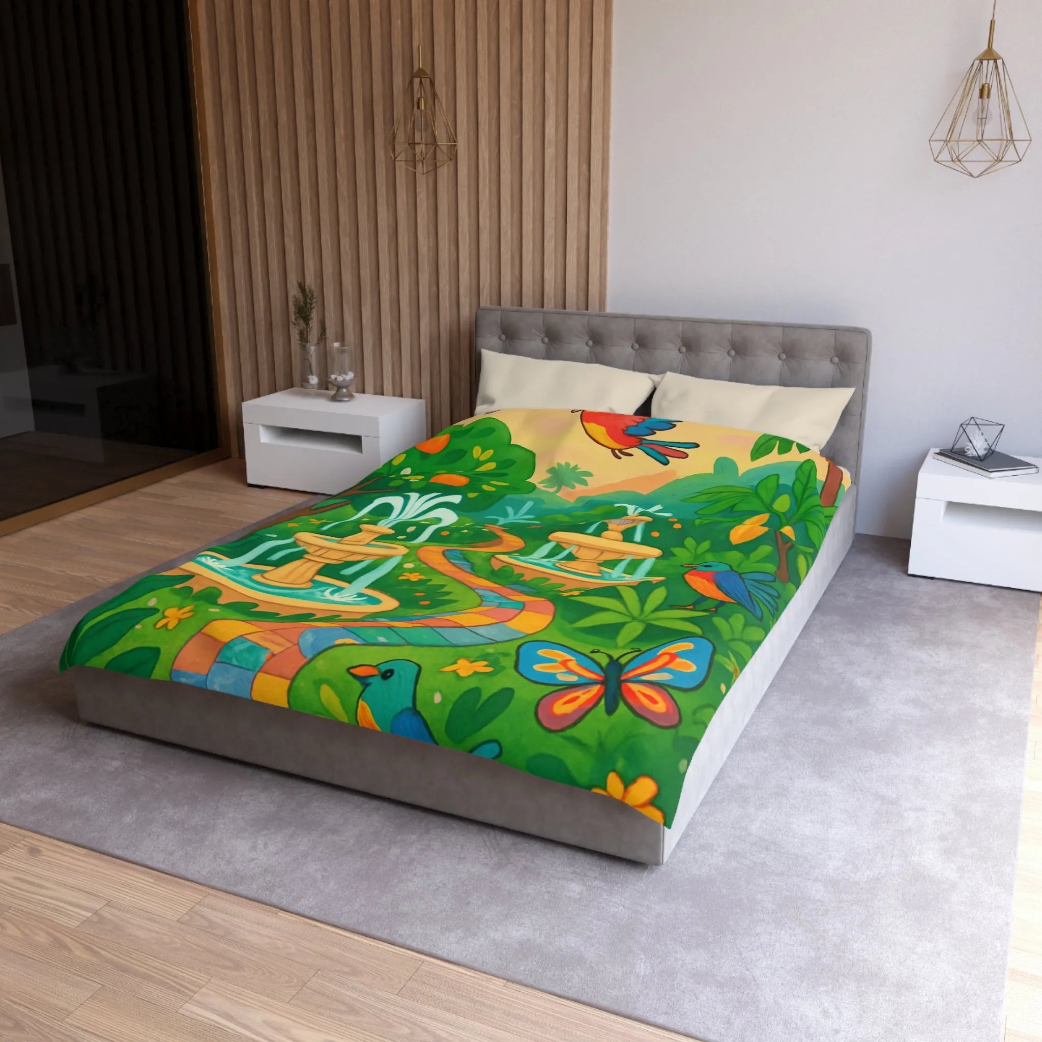 Housse de couette colorée avec oiseaux et fontaines dans jardin tropical vibrant