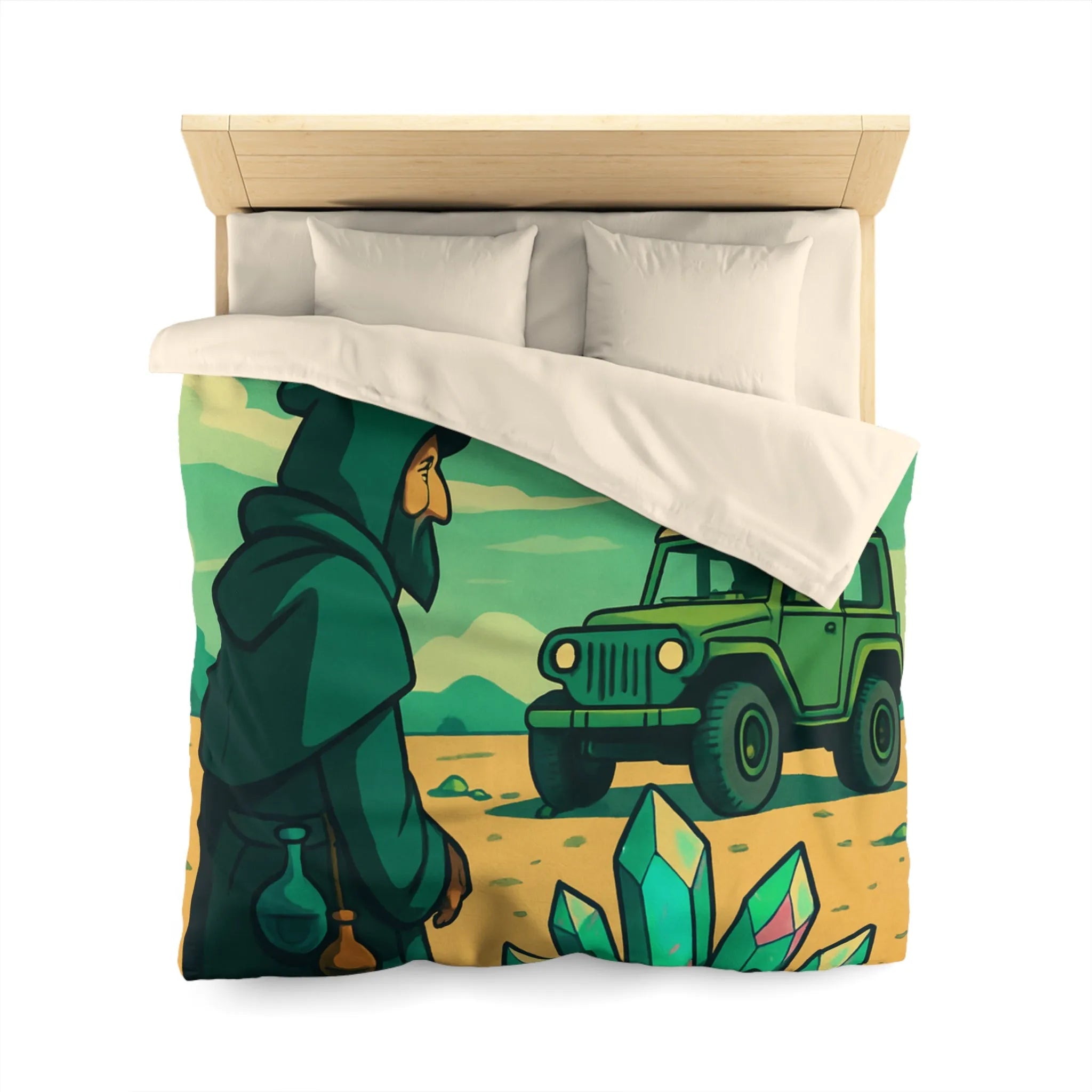 Housse de couette illustrée avec paysage surnaturel, grotte colorée et véhicule tout-terrain