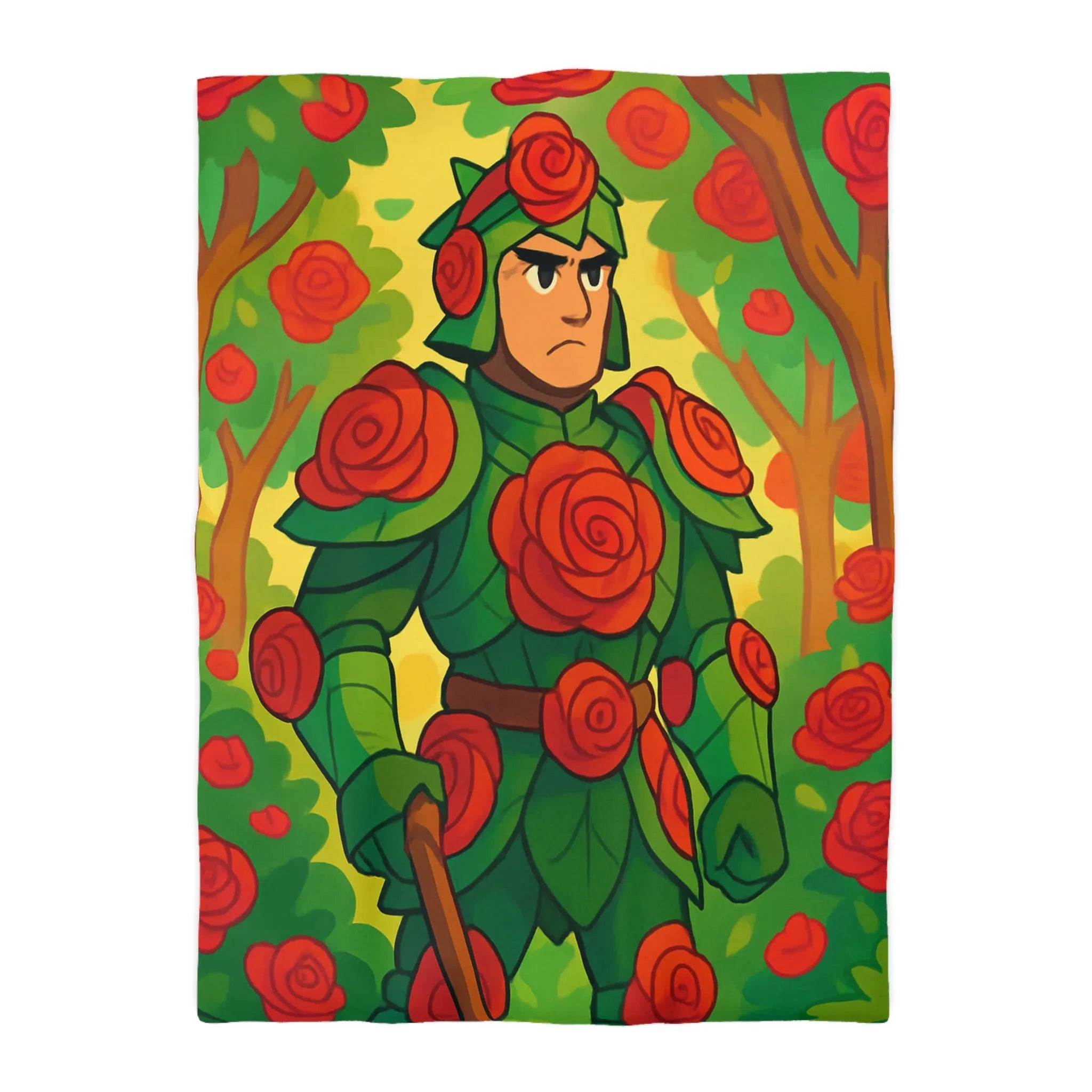 Housse de couette au design chevalier floral avec roses rouges et feuillage vert