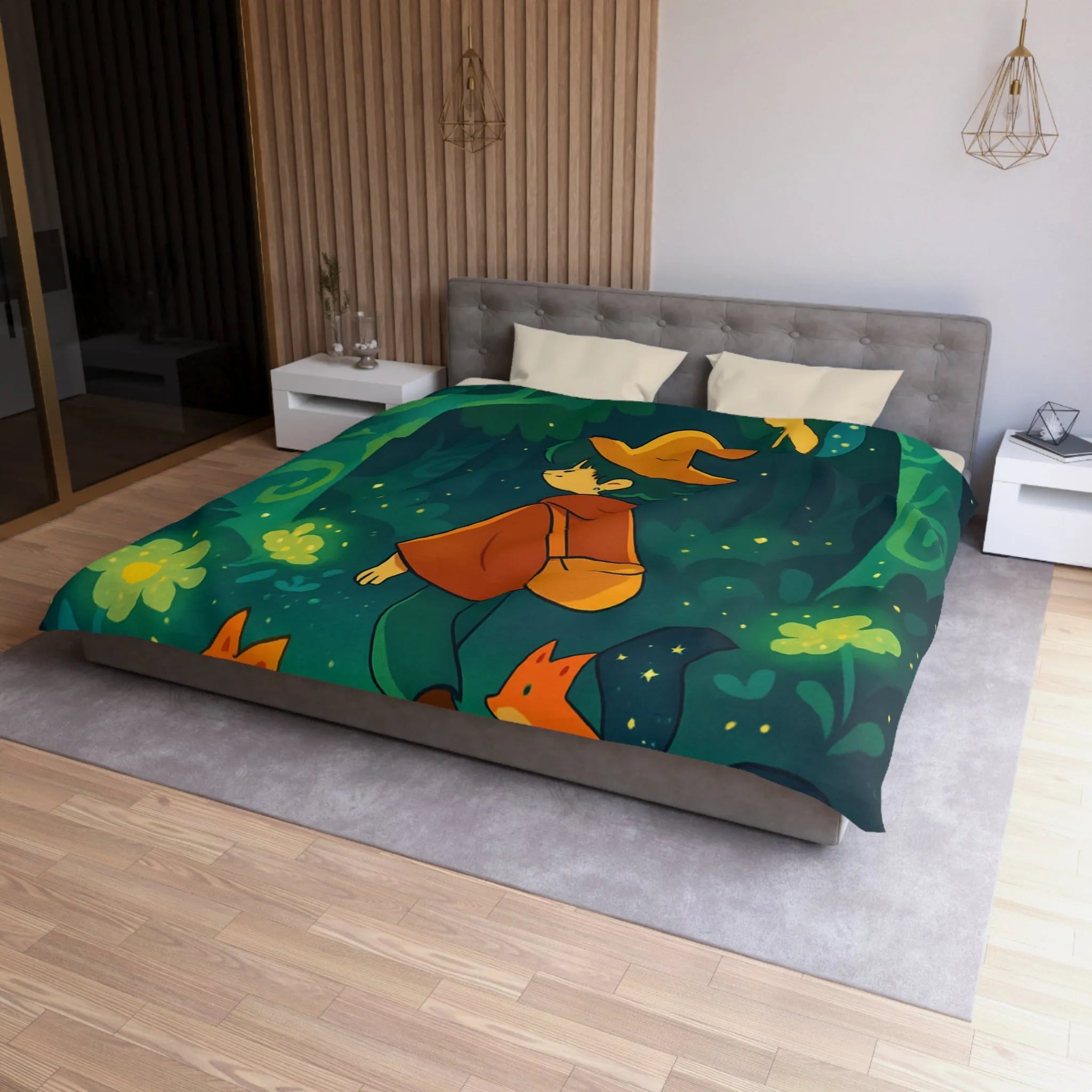 Housse de Couette Forêt Enchantée Enfants Renards Orange Jaune Vert Fantaisie Nuit