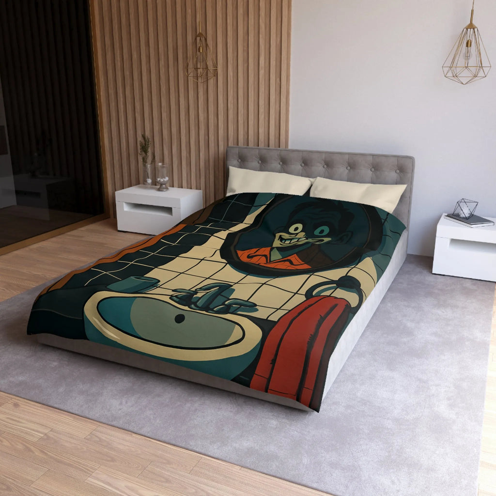 Housse de couette graphique avec dessin animé miroir effrayant et carreaux de salle de bain