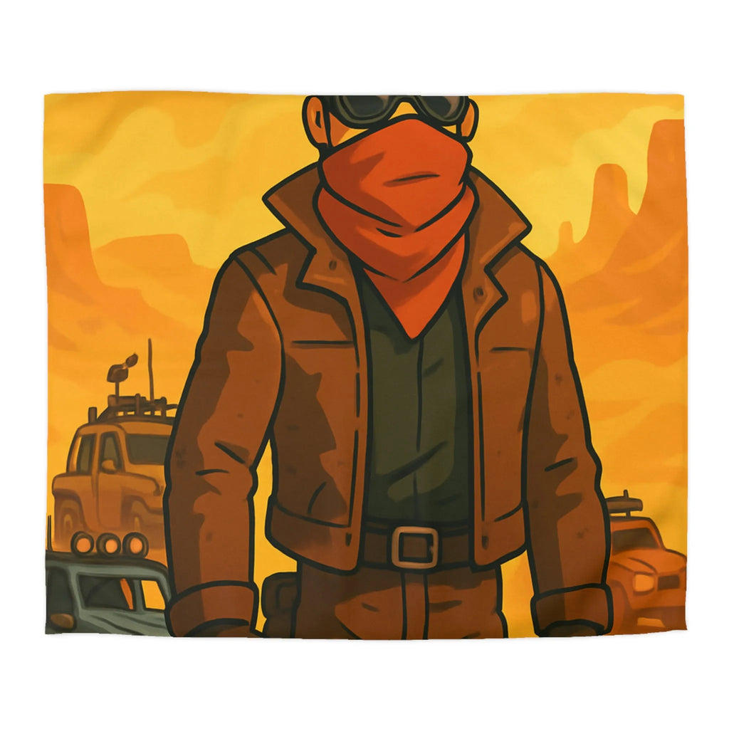 Housse de couette désert post-apocalyptique avec style bande dessinée et personnage héroïque