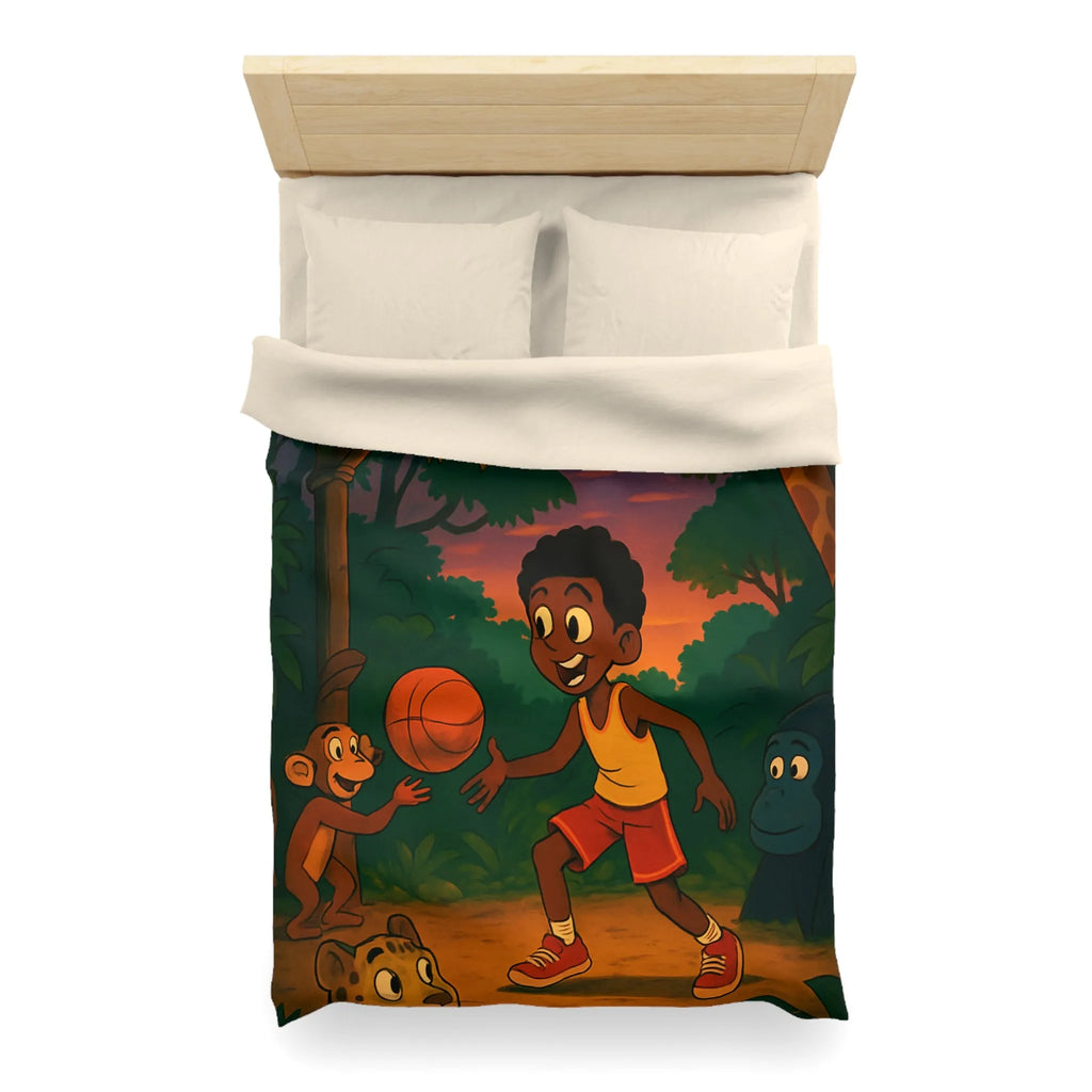 Housse de couette enfant jungle colorée avec garçon jouant au basket et animaux amusants