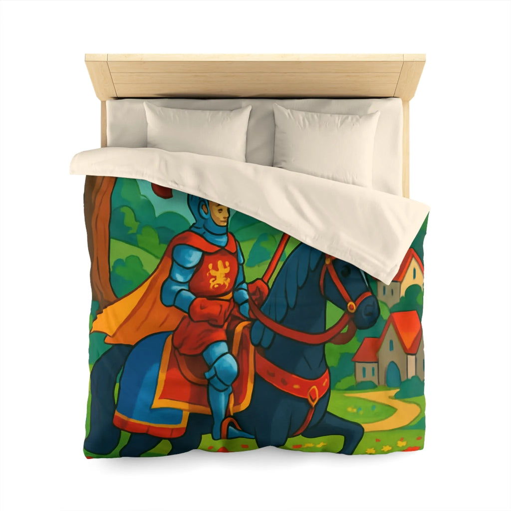 Housse de couette chevalier médiéval illustrée avec château et paysage floral vibrant